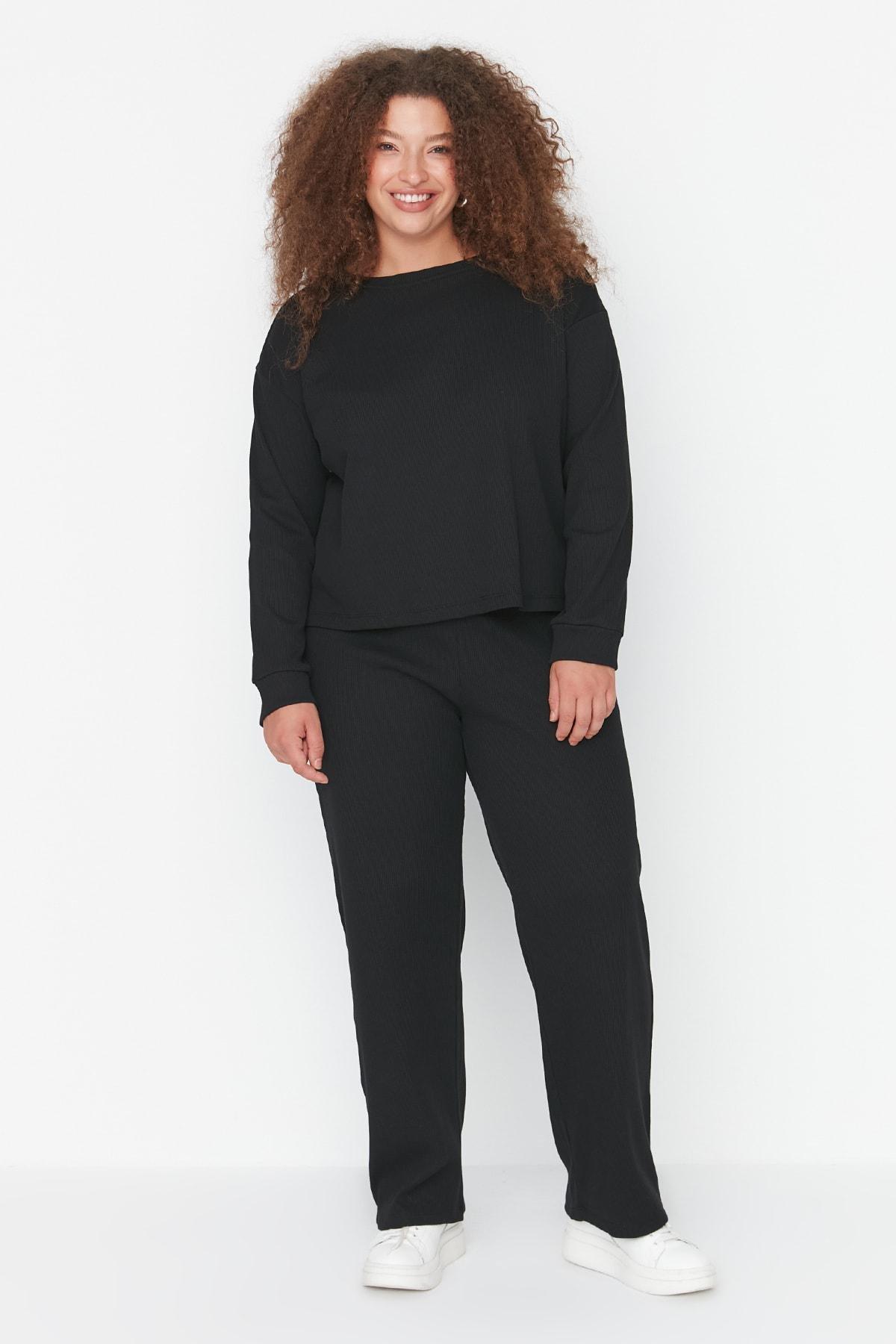 Black Crew Neck Plus Size Pajama Set, , large image number 1