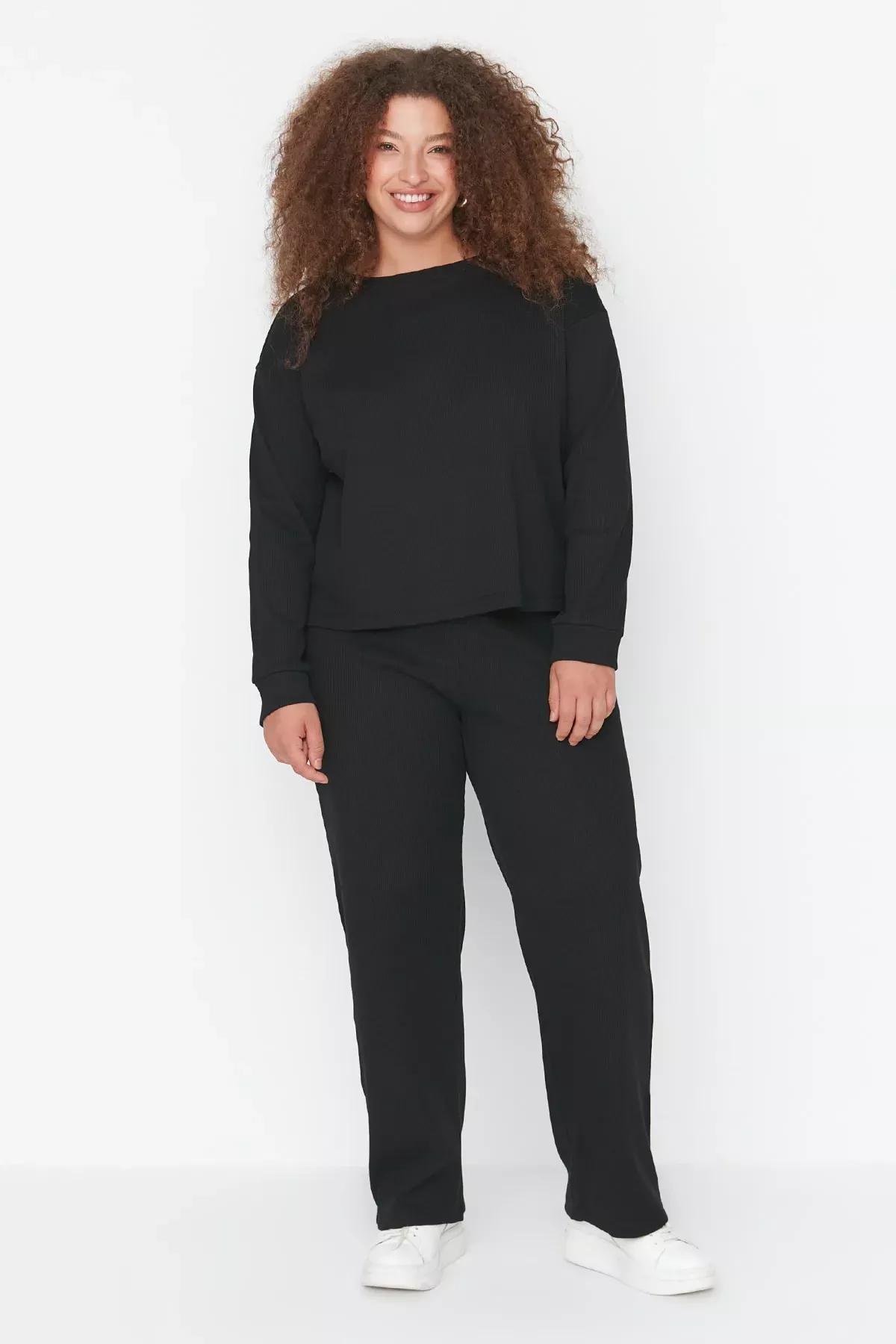Black Crew Neck Plus Size Pajama Set, Black, large image number 1