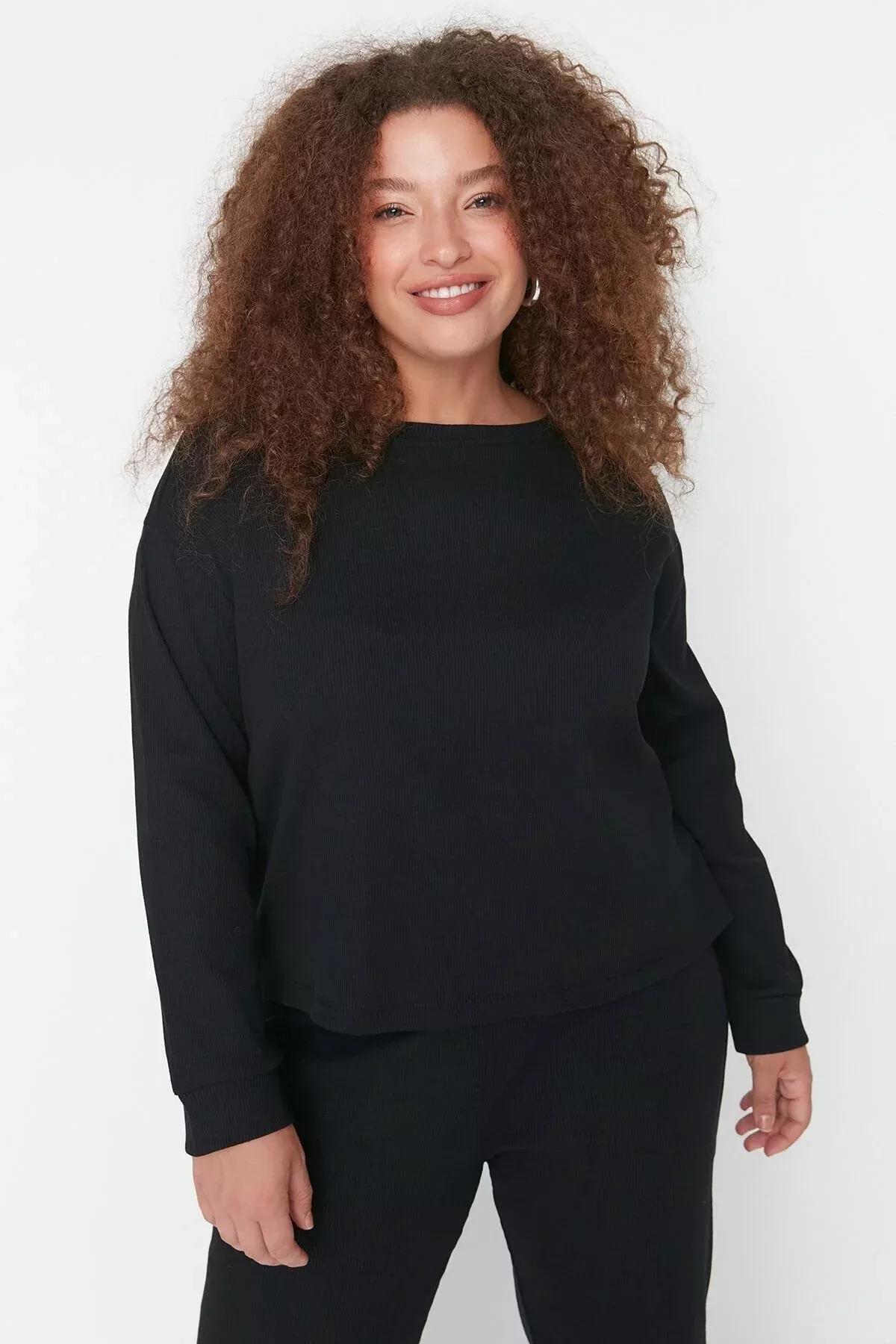 Black Crew Neck Plus Size Pajama Set, Black, large image number 2