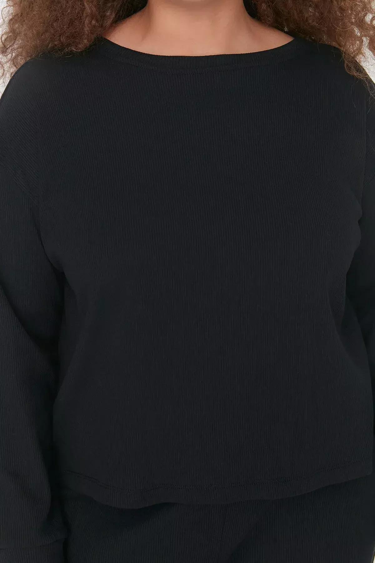 Black Crew Neck Plus Size Pajama Set, Black, large image number 3