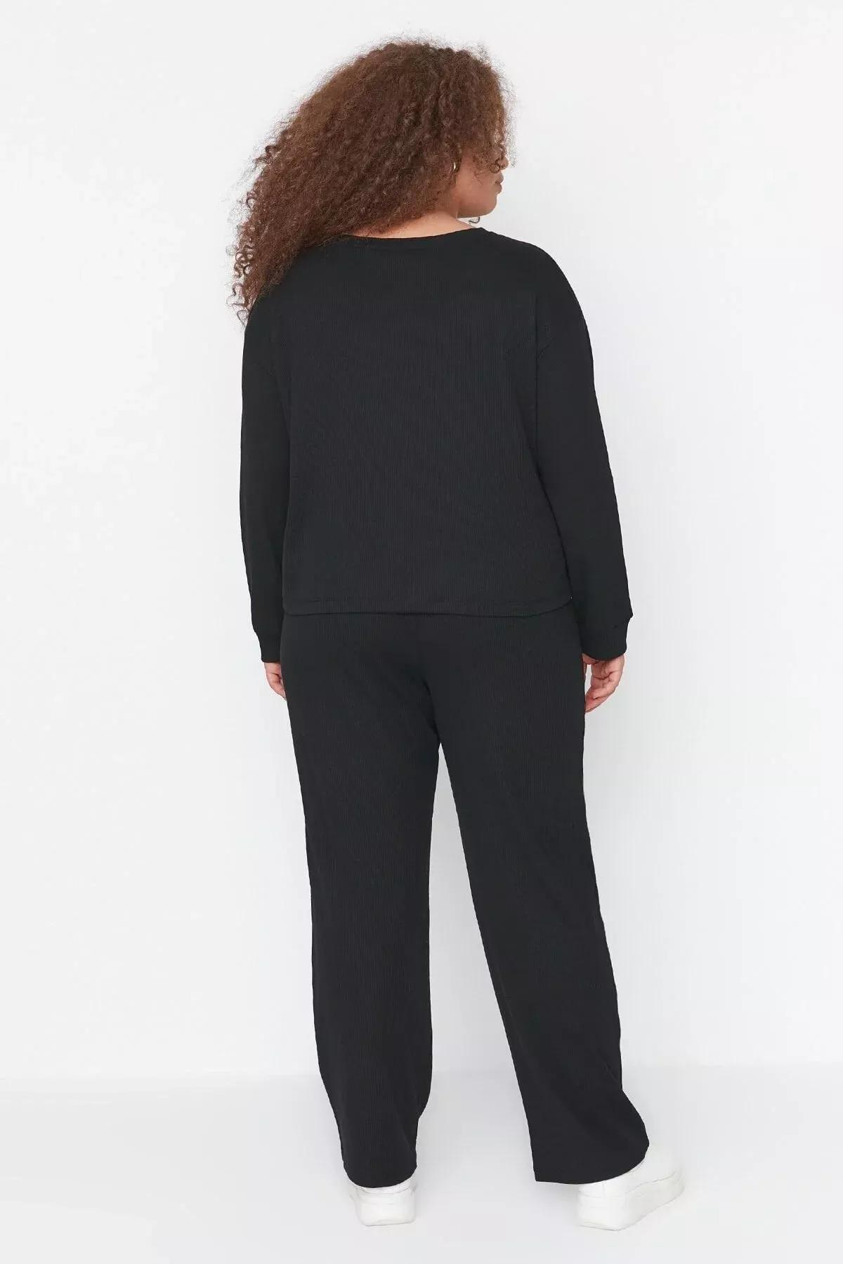 Black Crew Neck Plus Size Pajama Set, Black, large image number 4
