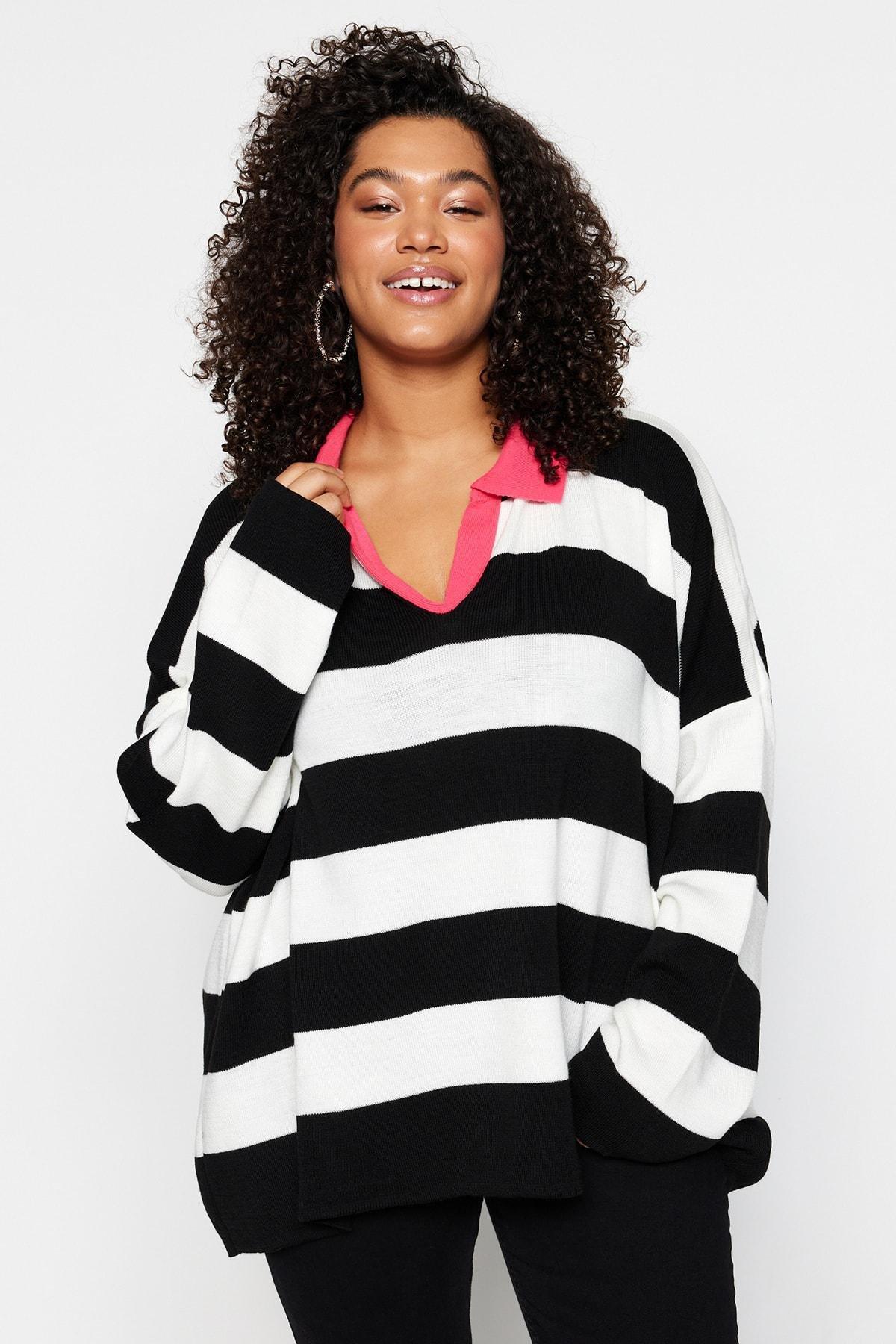 Trendyol - Pink Relaxed Striped Plus Size Sweater