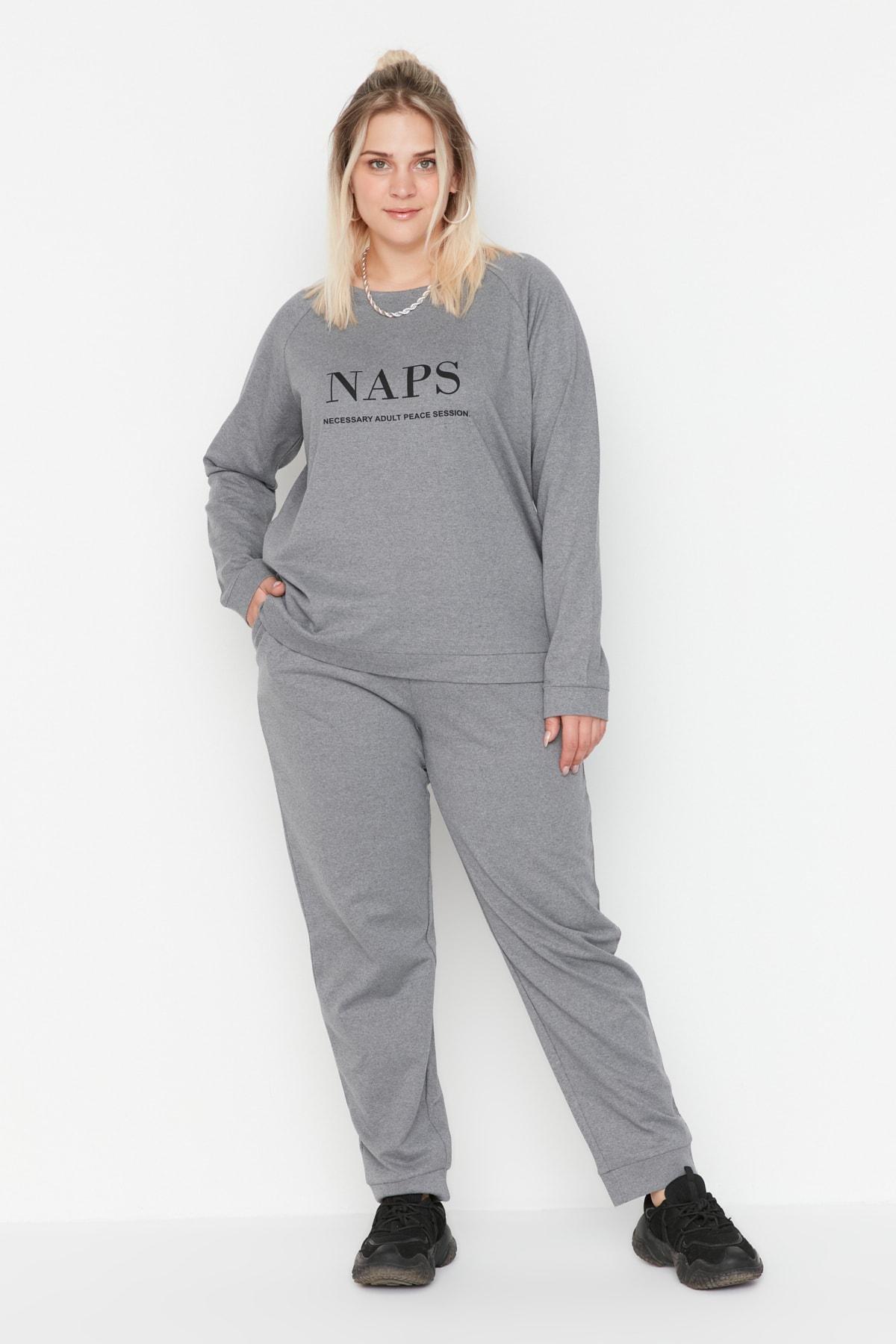 Gray Crew Neck Plus Size Pajama Set, , large image number 0