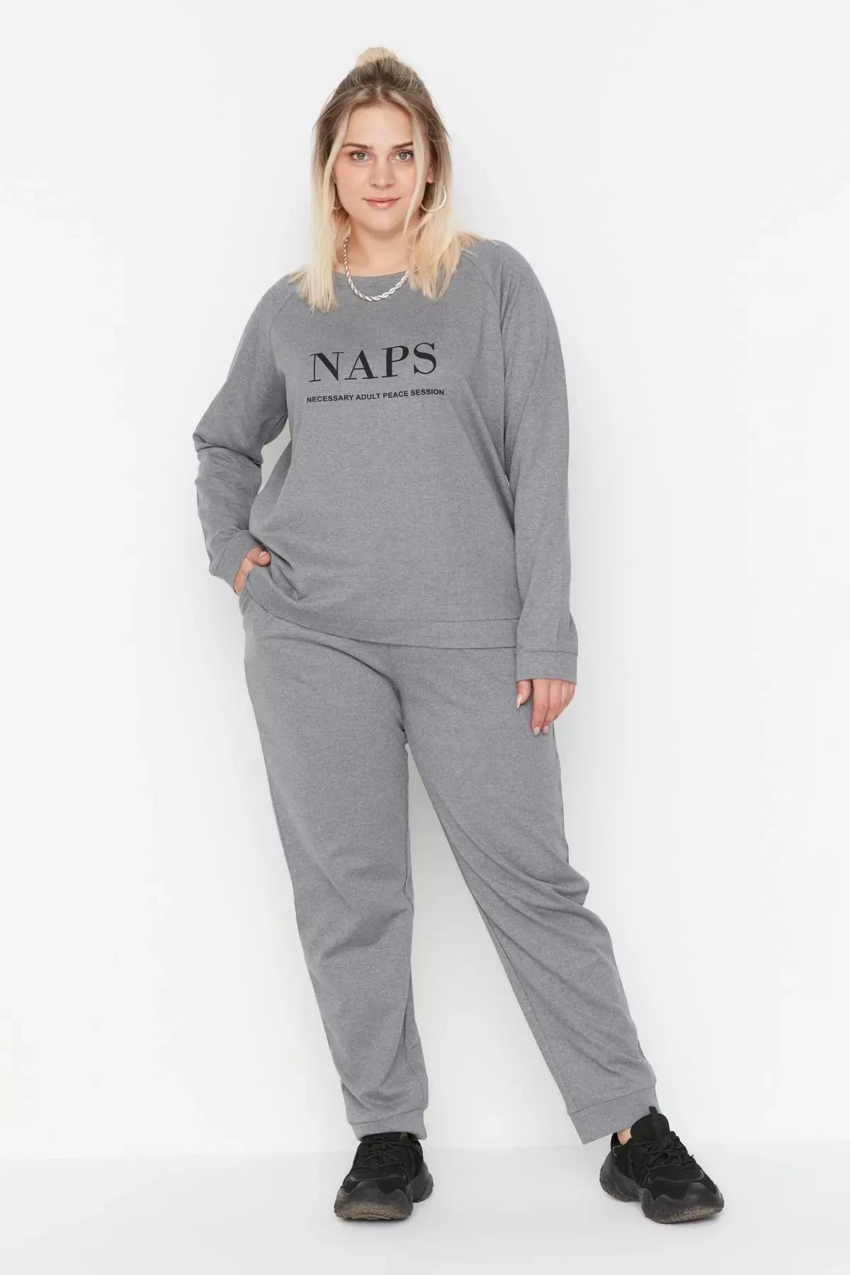 Gray Crew Neck Plus Size Pajama Set, Gray, medium
