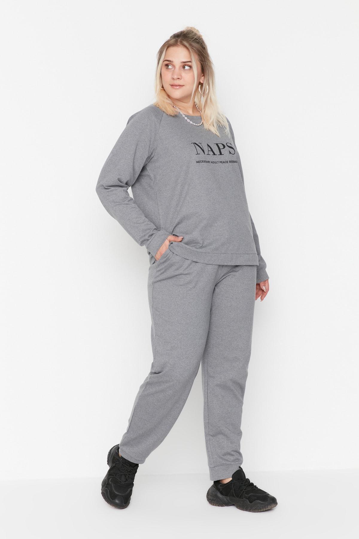 Gray Crew Neck Plus Size Pajama Set, , large image number 1