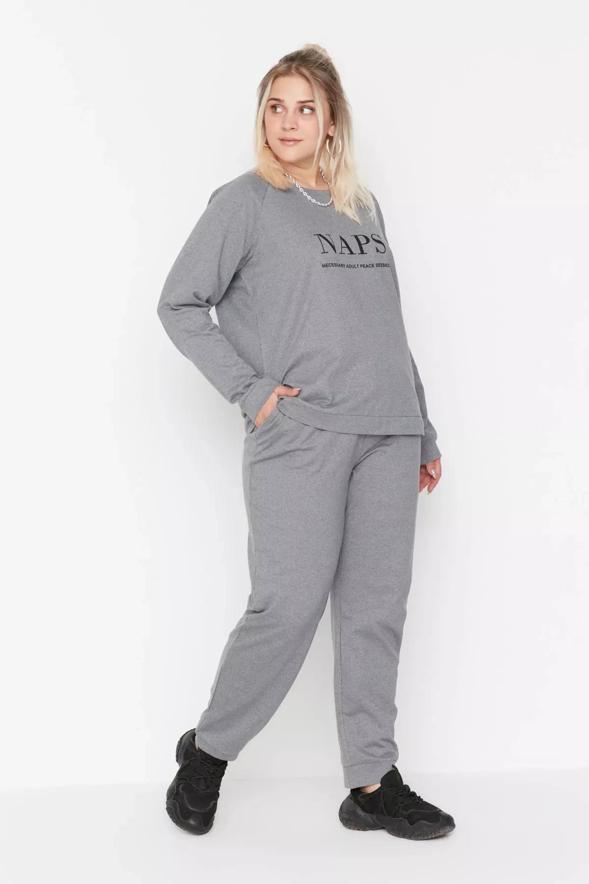 Gray Crew Neck Plus Size Pajama Set, Gray, medium