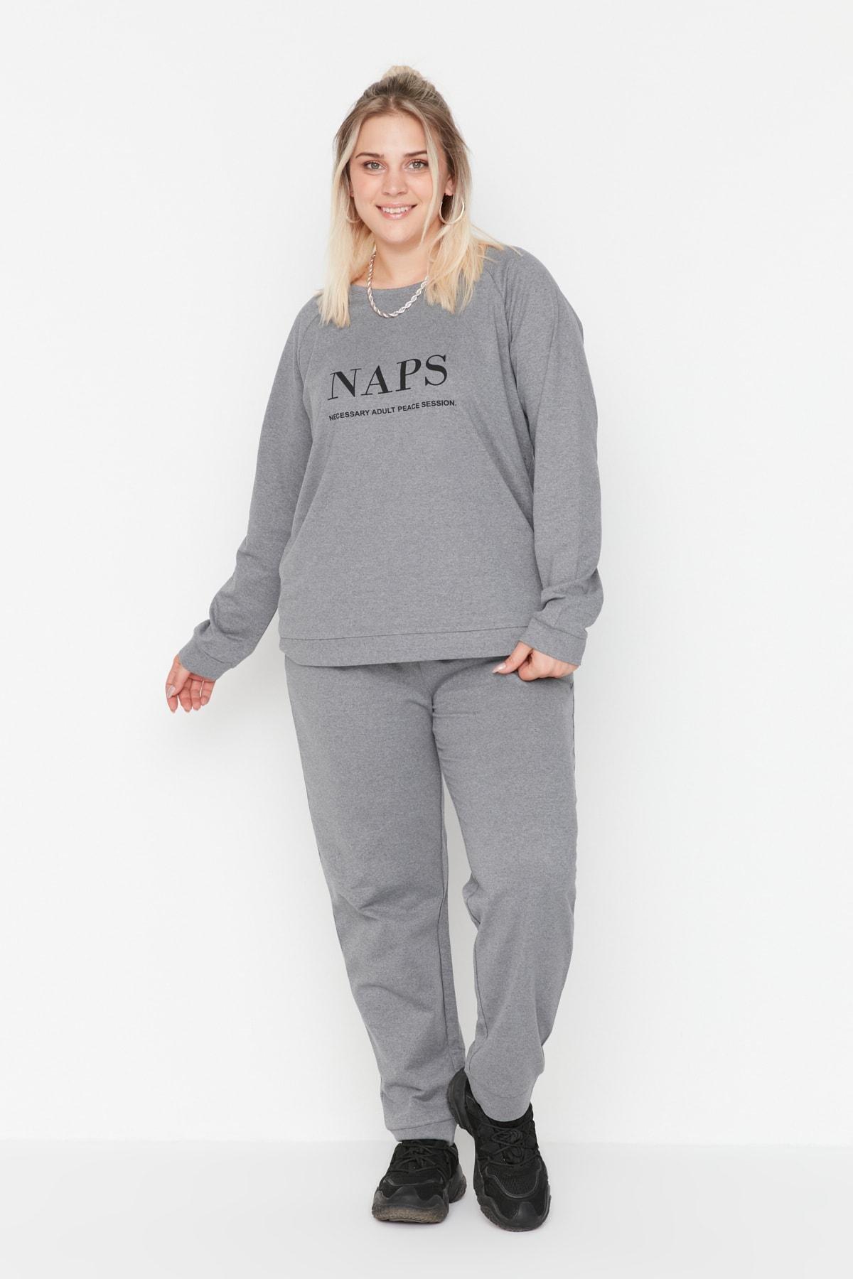 Trendyol - Gray Crew Neck Plus Size Pajama Set