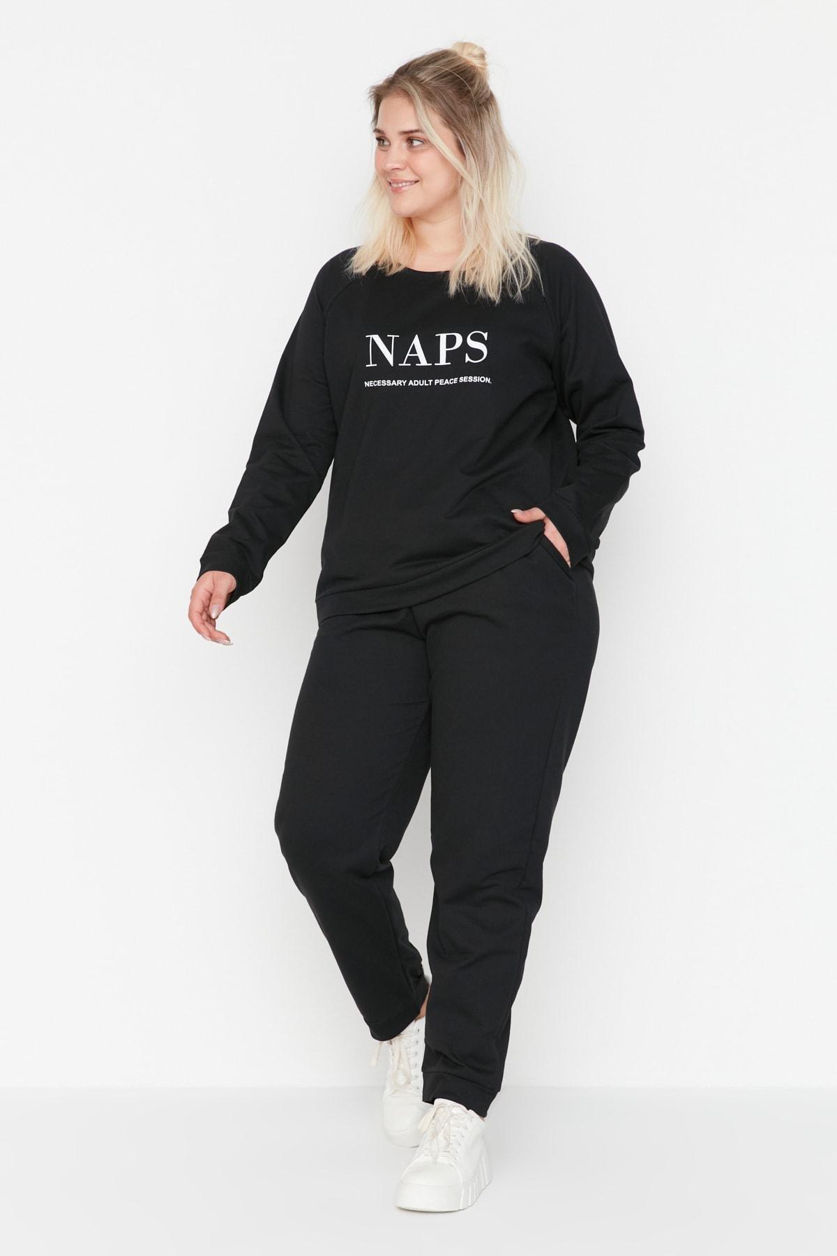 Black Printed Plus Size Pajama Set, , large image number 0