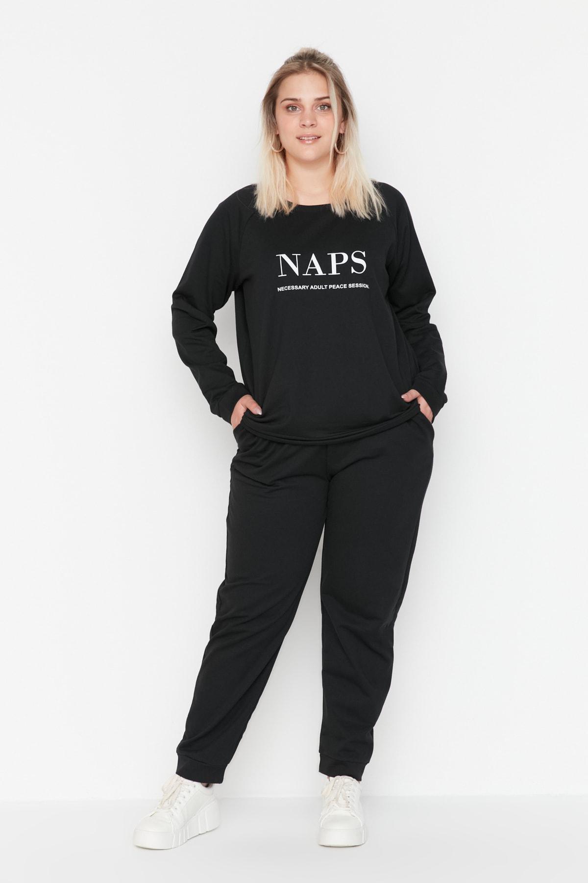 Black Printed Plus Size Pajama Set, , large image number 1