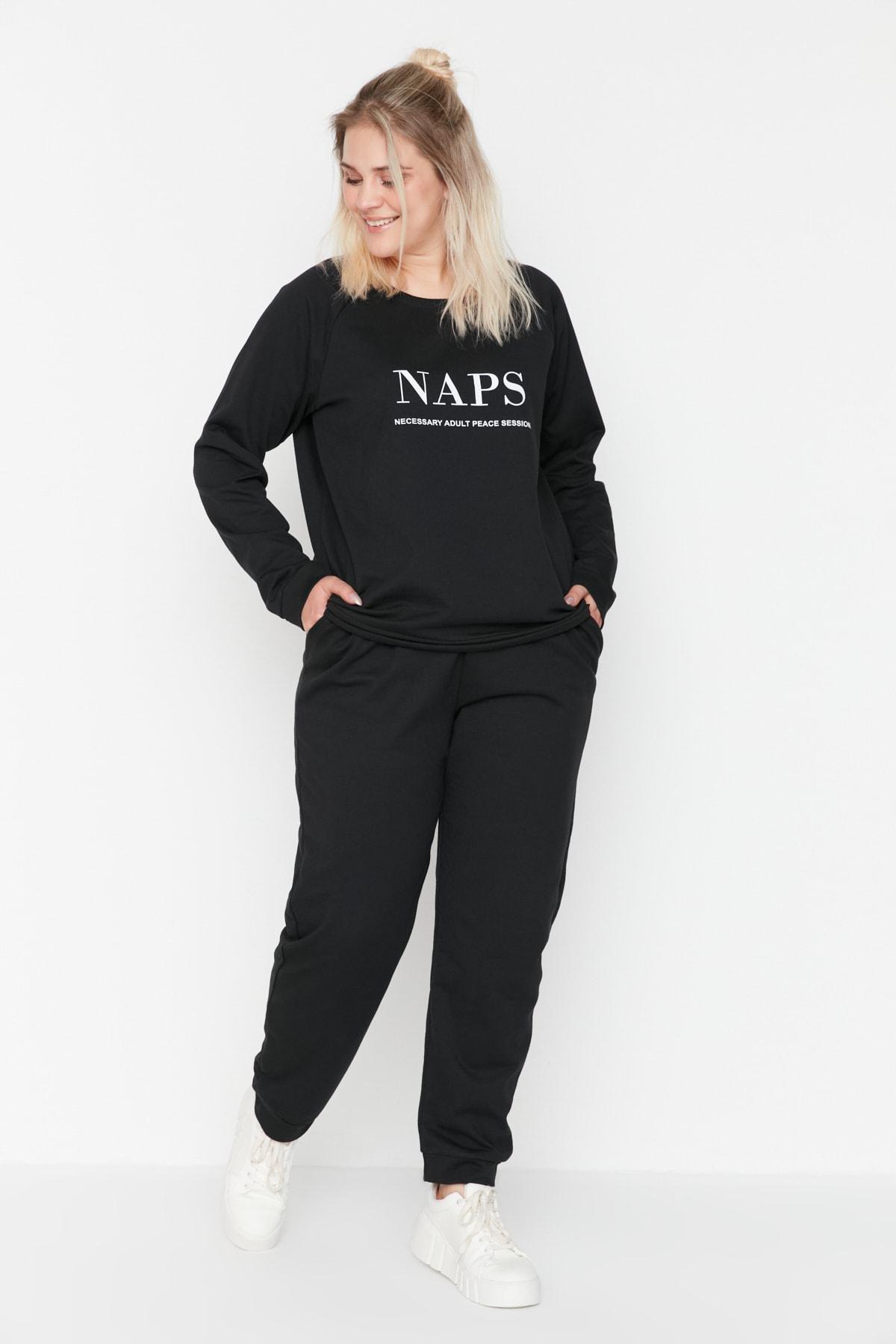 Black Printed Plus Size Pajama Set, , large image number 2