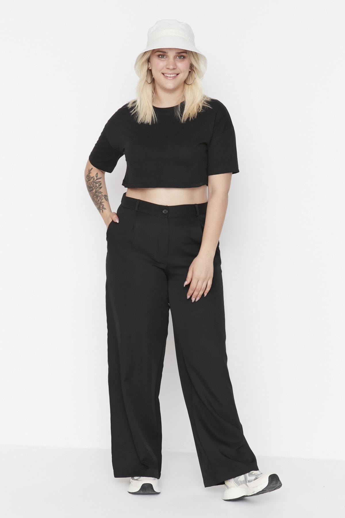 Black Wide Leg Plus Size Pants, , large image number 0