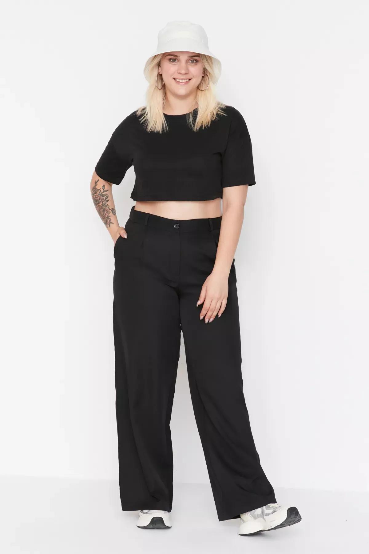 Black Wide Leg Plus Size Pants, , large image number 0