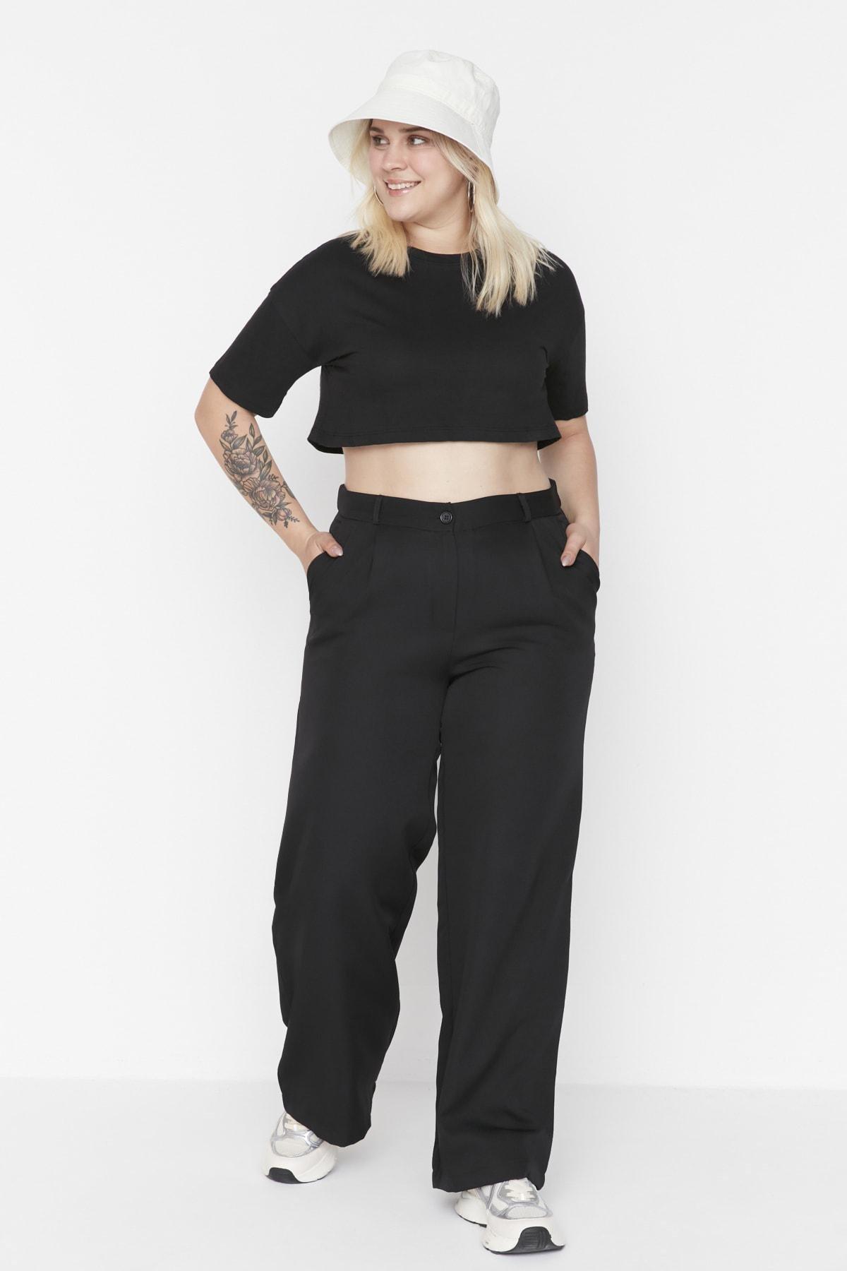 Black Wide Leg Plus Size Pants, , large image number 1