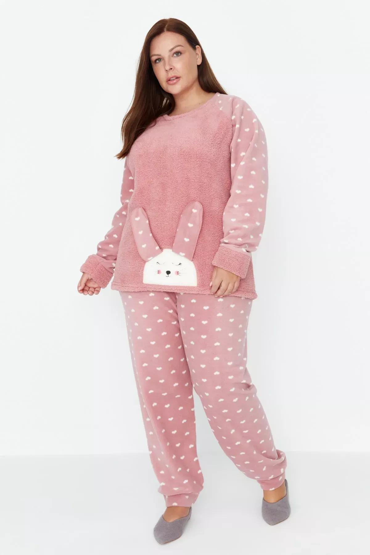 Pink Printed Plus Size Pajama Set, Pink, large image number 1