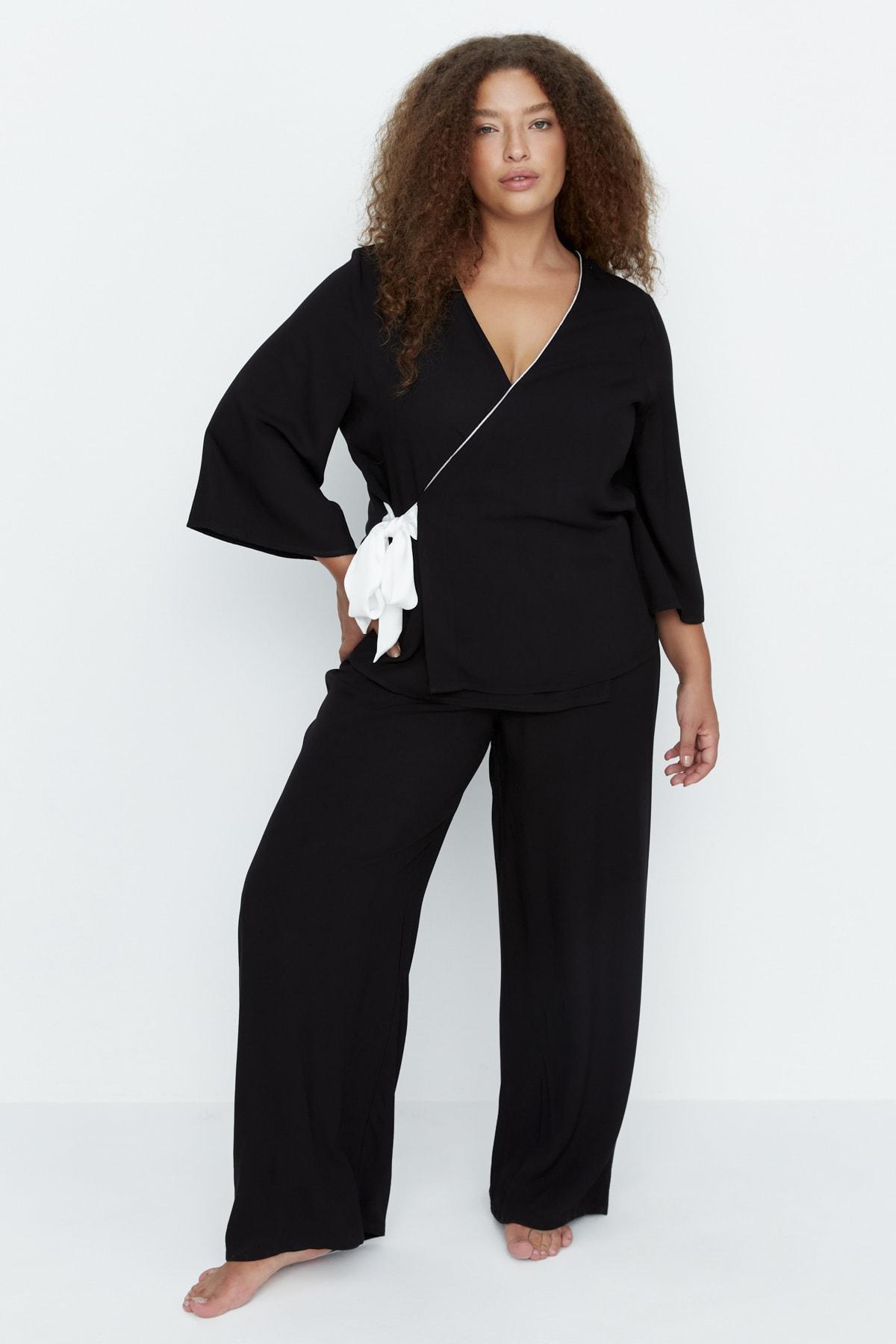 Black Plain Plus Size Pajama Set, , large image number 0
