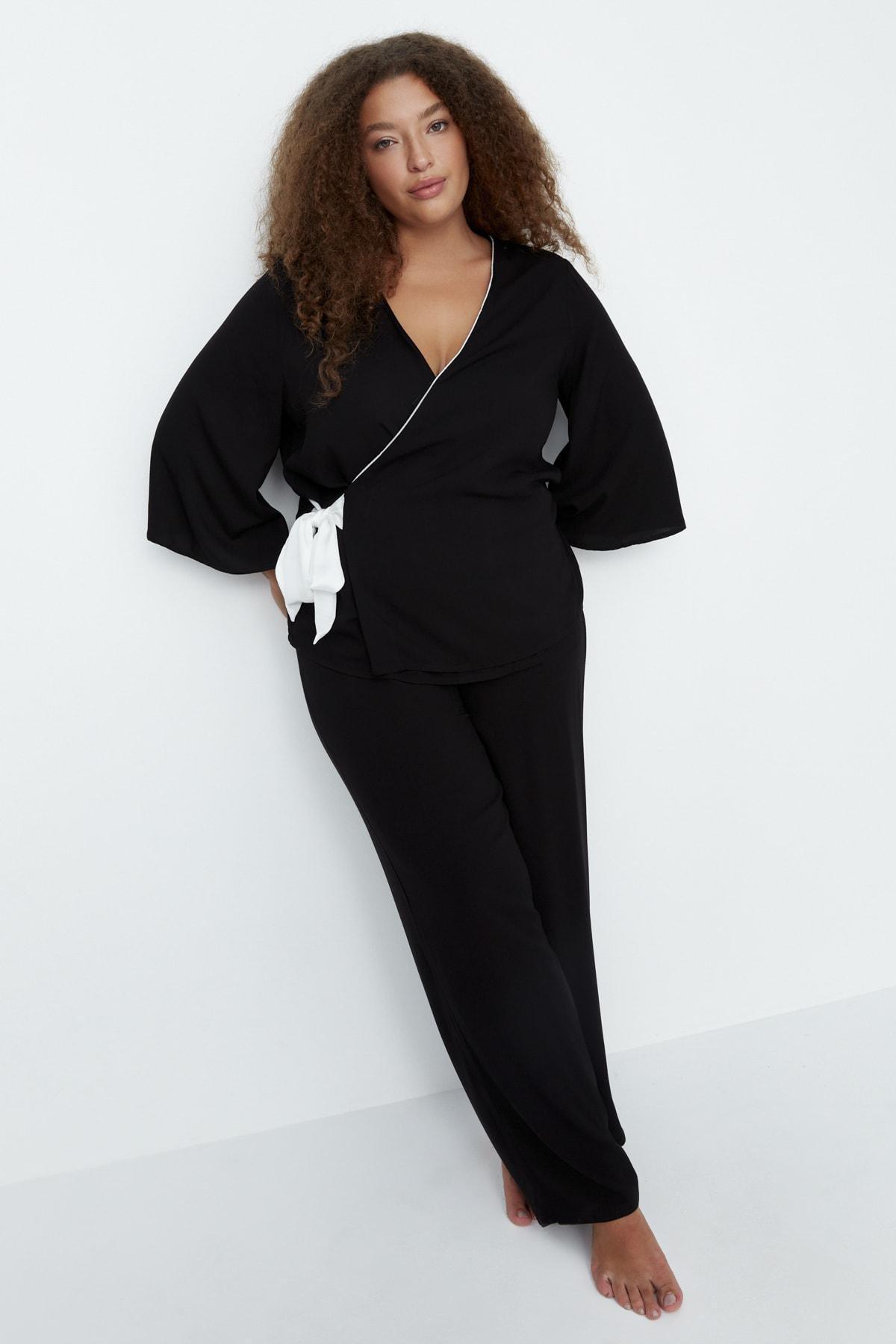 Black Plain Plus Size Pajama Set, , large image number 1