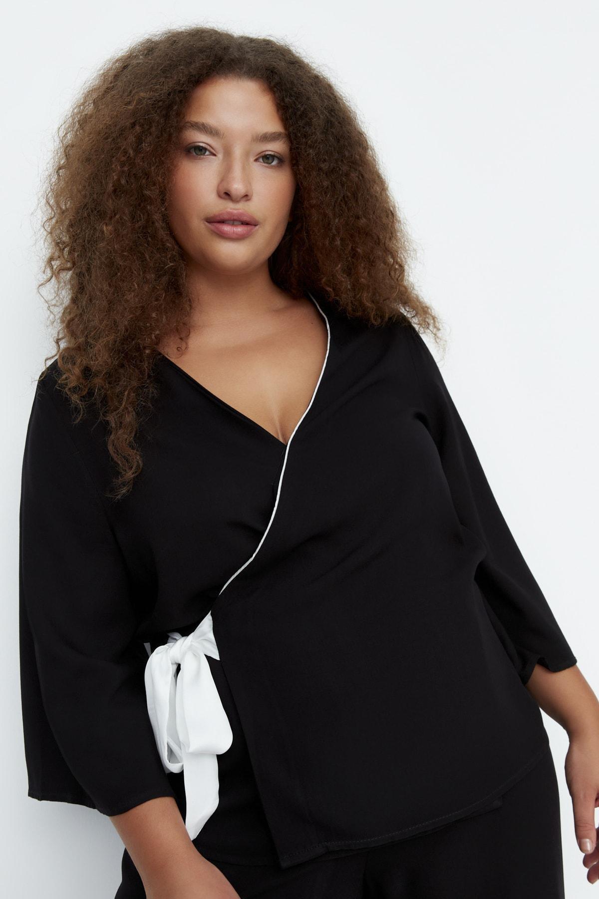 Black Plain Plus Size Pajama Set, , large image number 3
