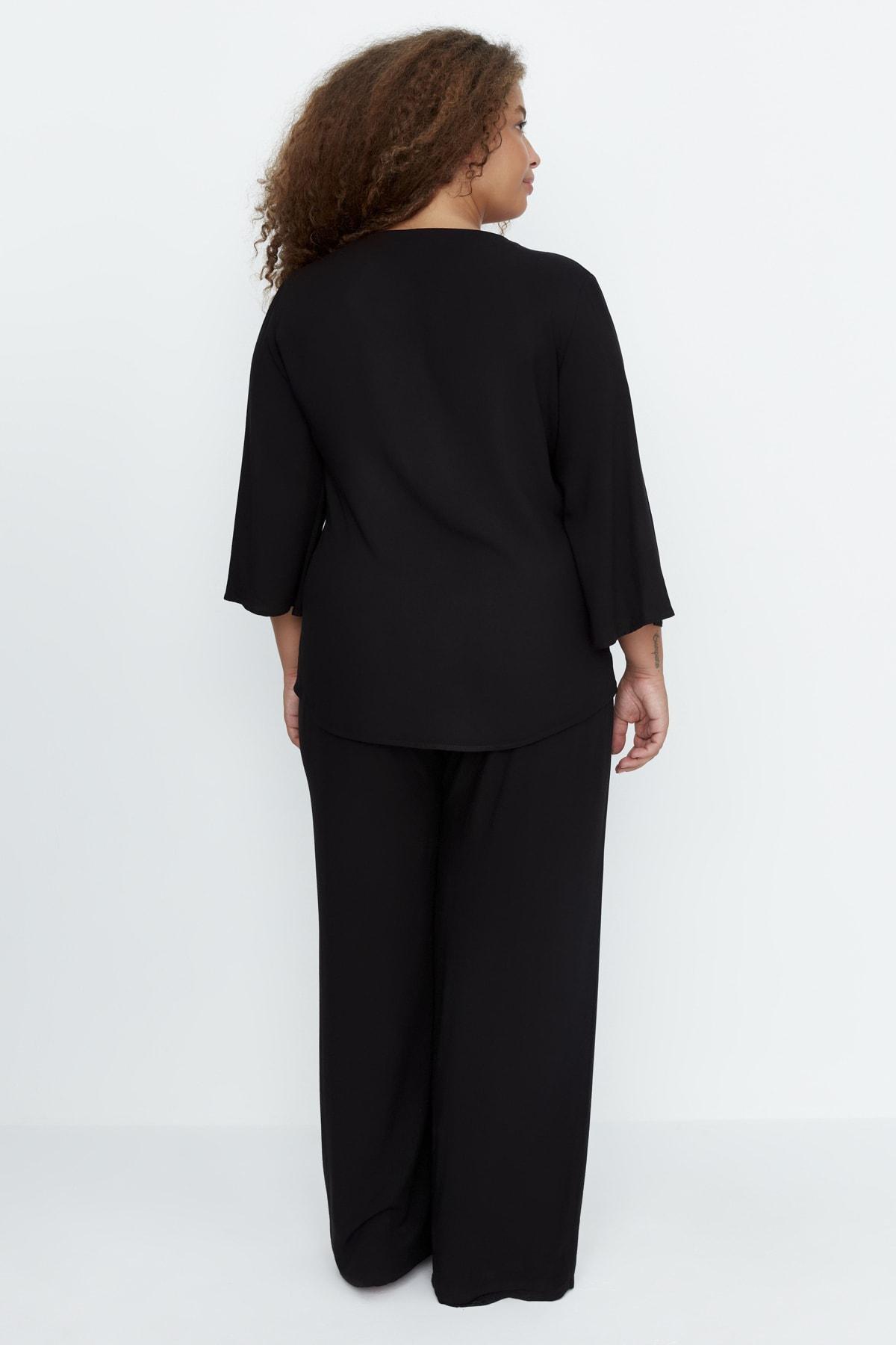 Black Plain Plus Size Pajama Set, , large image number 4