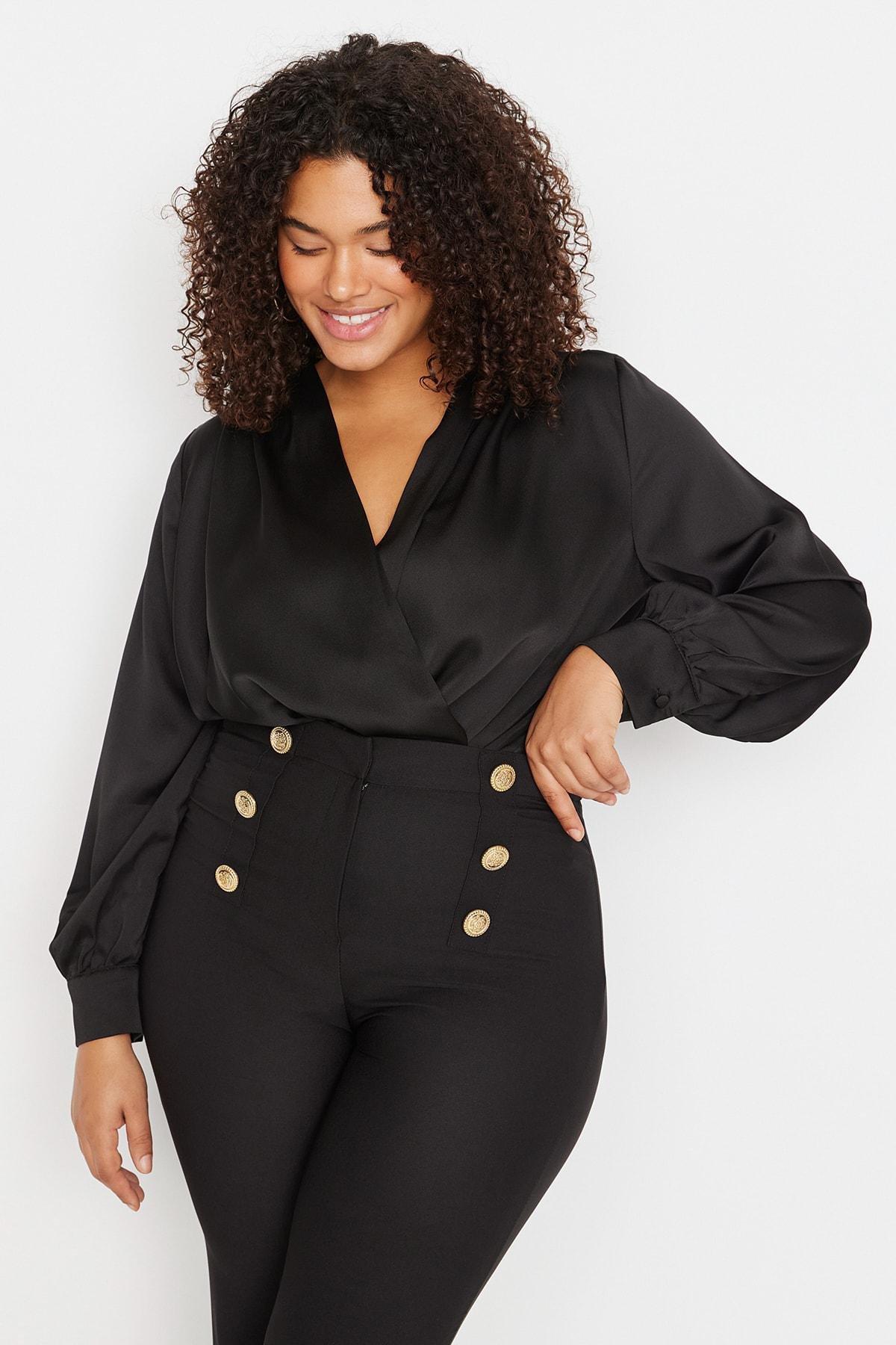 Black Satin Bodysuit Plus Size Top, , large image number 0
