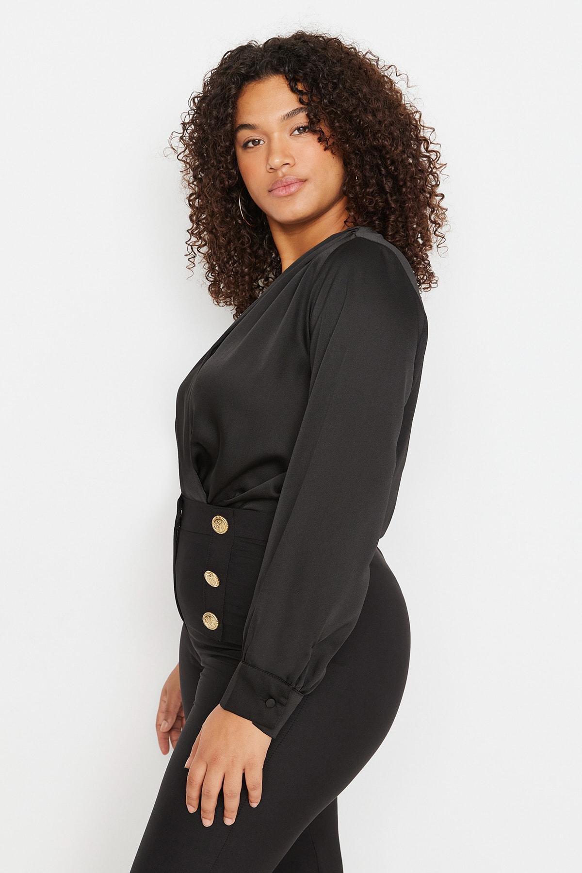 Black Satin Bodysuit Plus Size Top, , large image number 1