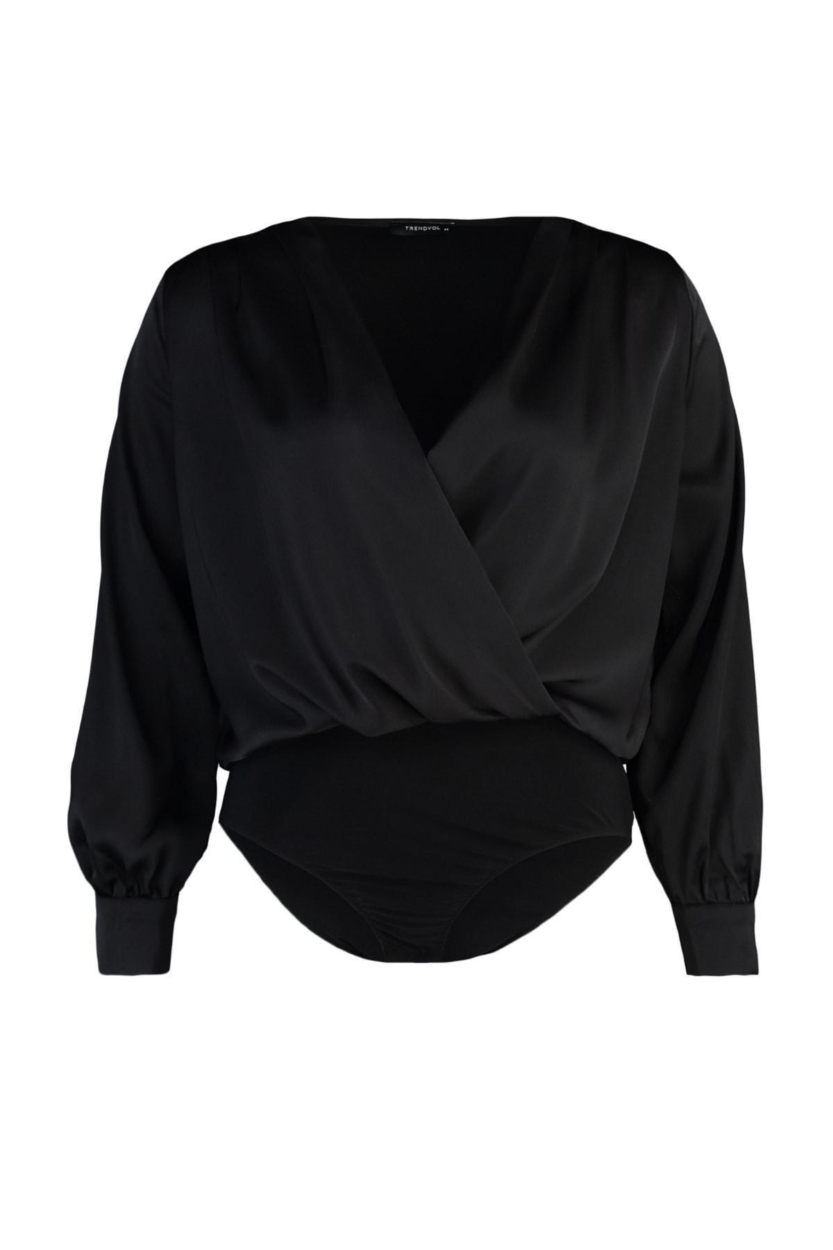 Trendyol - Black Satin Bodysuit Plus Size Top