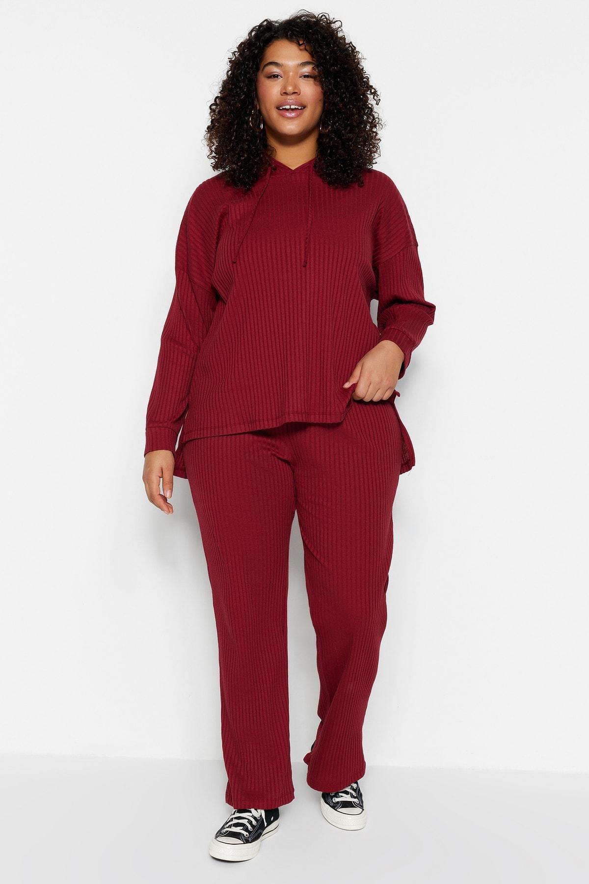 Burgundy Knitted Plus Size Co-Ord Sets, , large image number 1