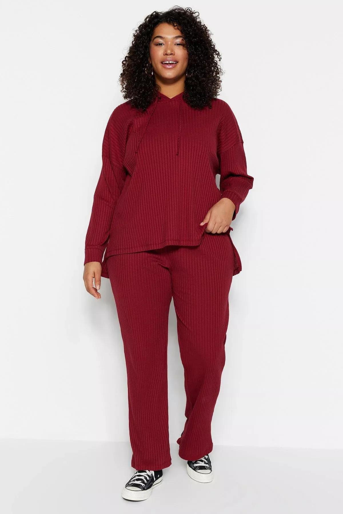 Burgundy Knitted Plus Size Co-Ord Sets, , large image number 2