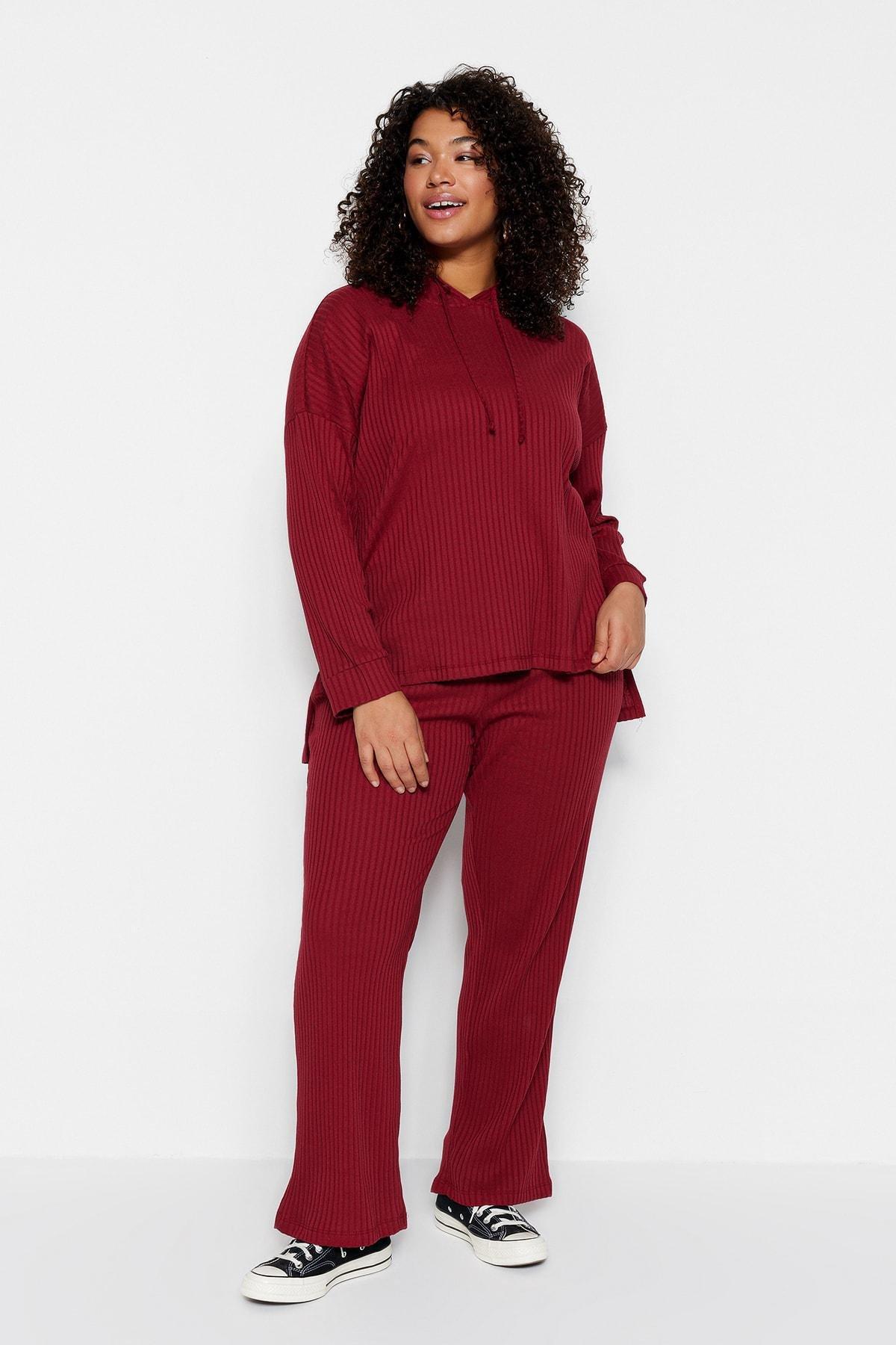 Burgundy Knitted Plus Size Co-Ord Sets, , large image number 4
