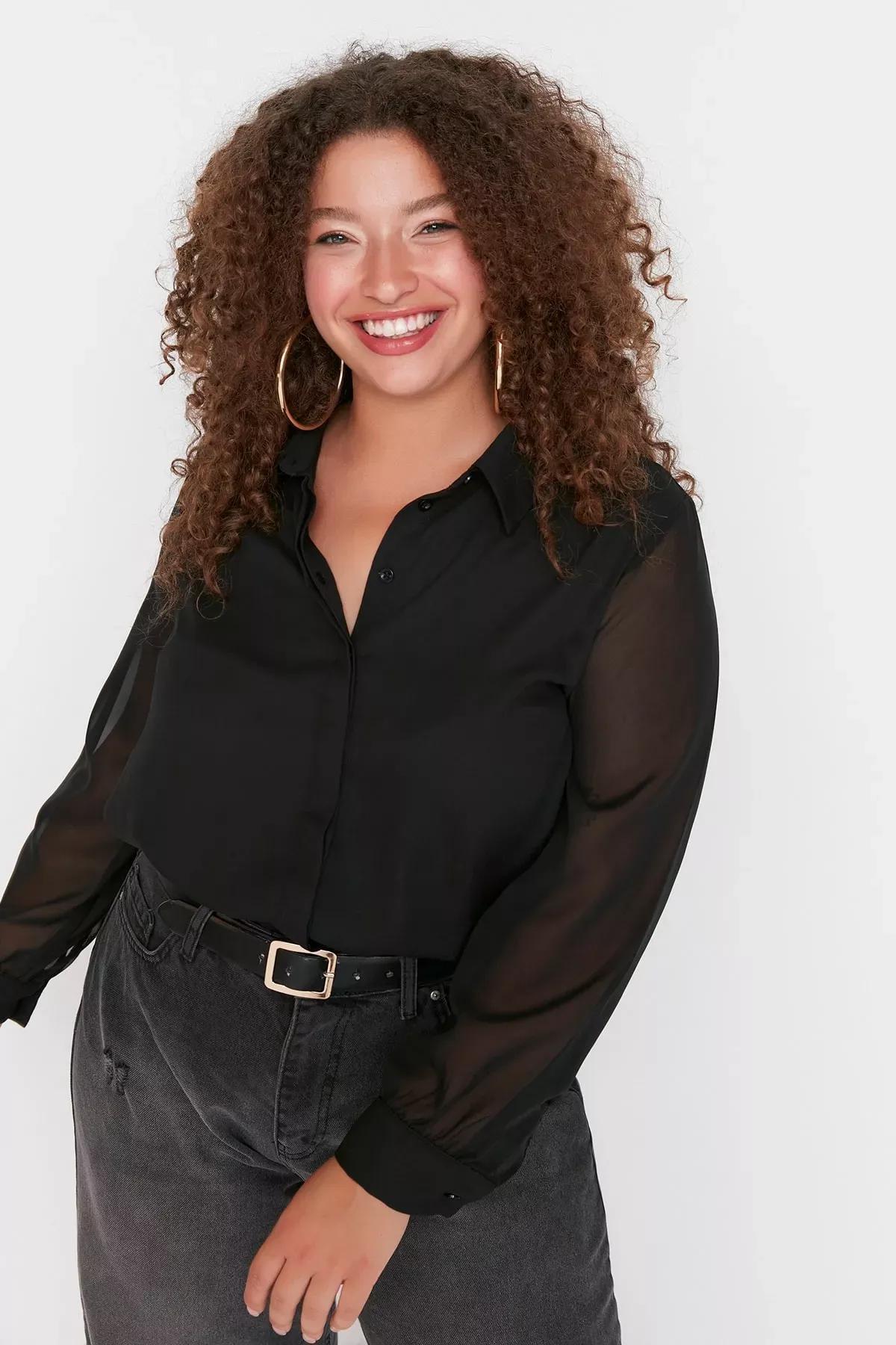 Black Regular Plus Size Shirt, Black, large image number 1