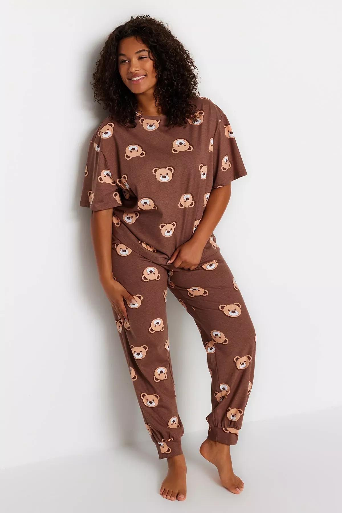 Trendyol - Brown Printed Plus Size Pajama Set