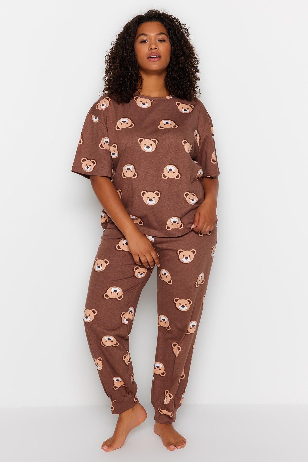 Brown Printed Plus Size Pajama Set, , large image number 1