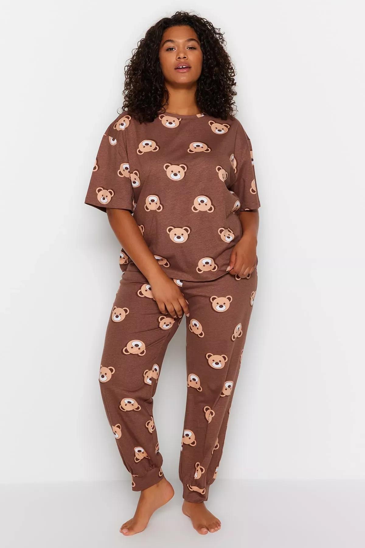Brown Printed Plus Size Pajama Set, Brown, large image number 1