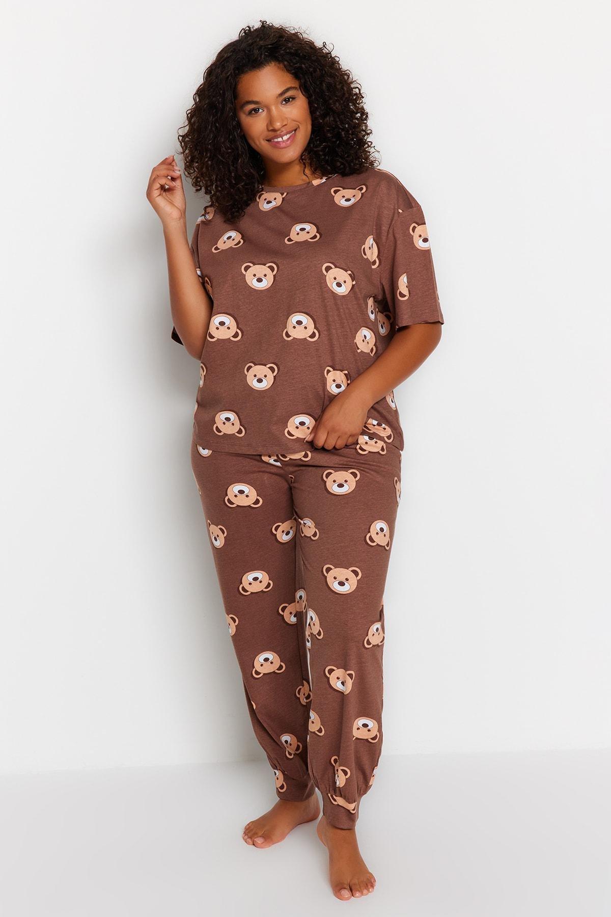 Brown Printed Plus Size Pajama Set, , large image number 2