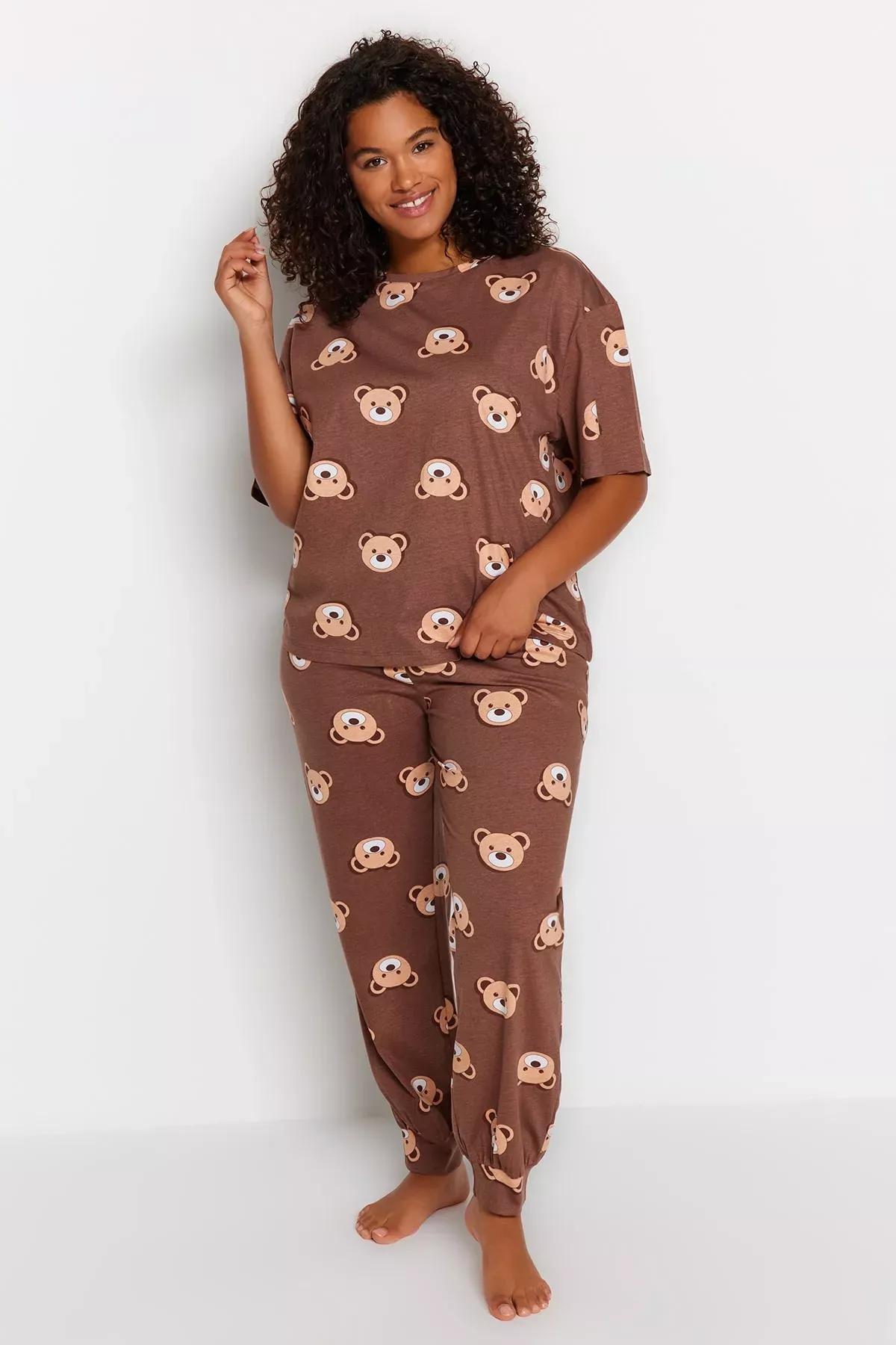 Trendyol - Brown Printed Plus Size Pajama Set