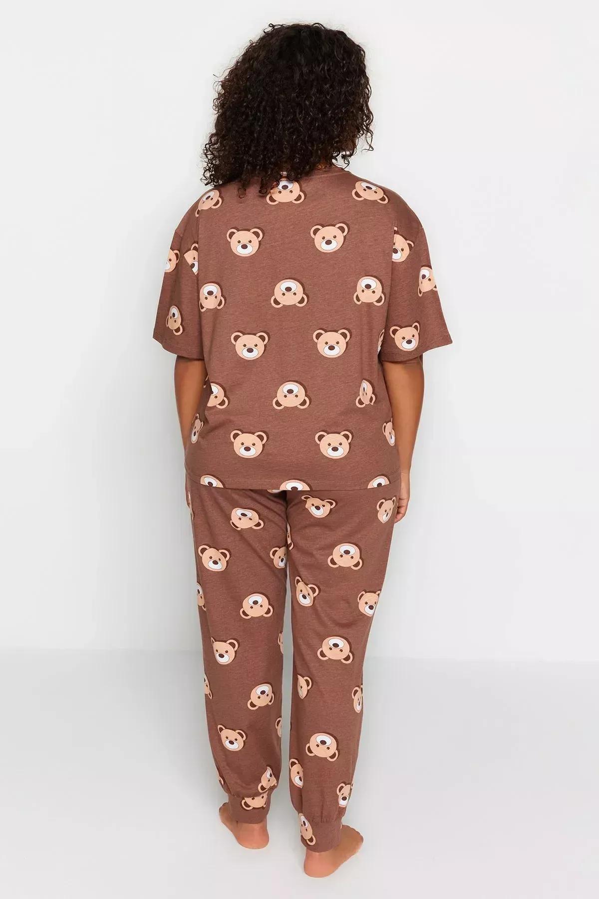 Trendyol - Brown Printed Plus Size Pajama Set