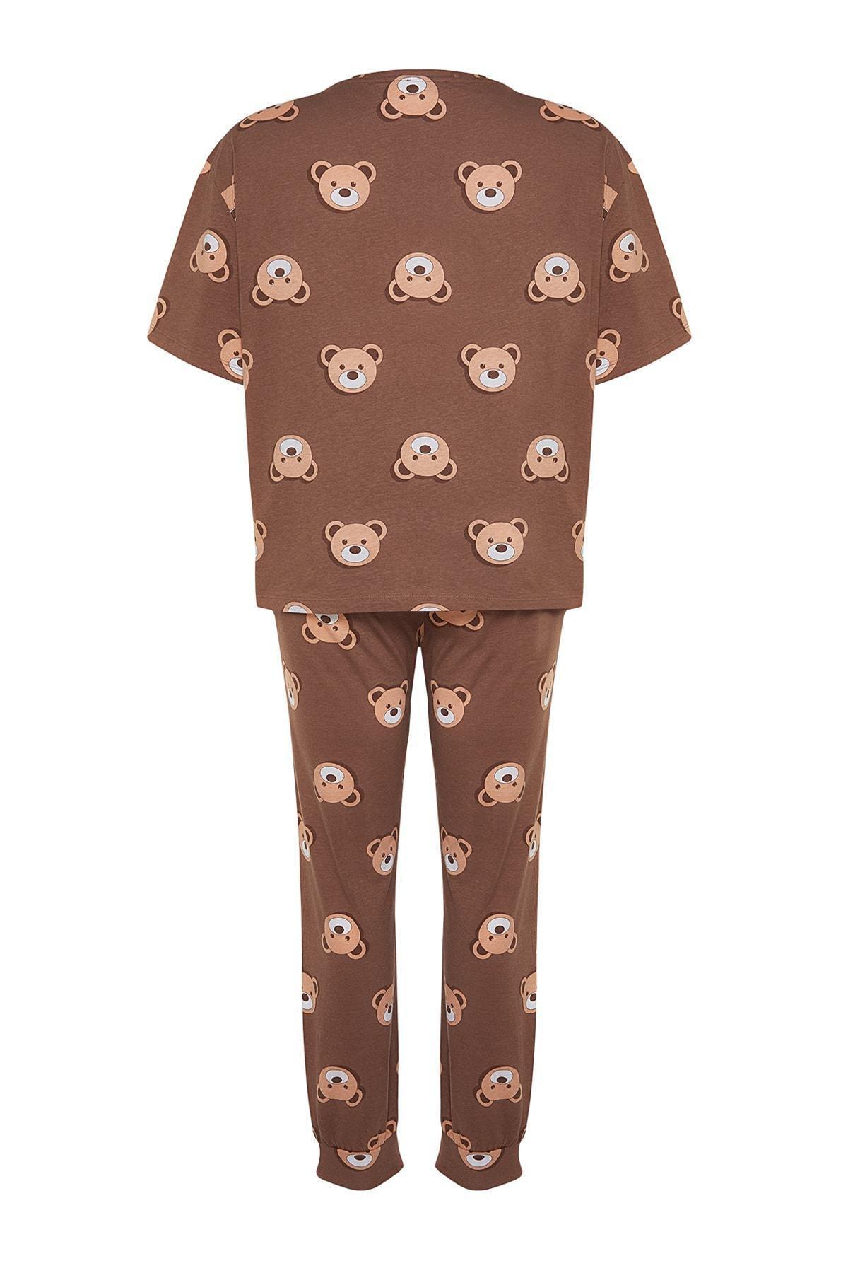 Trendyol - Brown Printed Plus Size Pajama Set