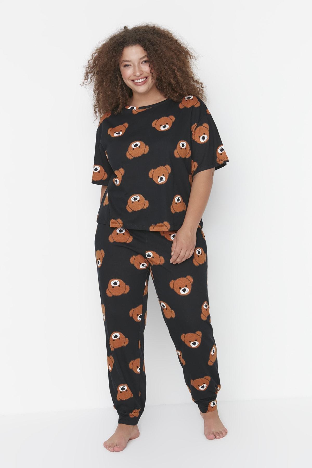 Black Crew Neck Plus Size Pajama Set, , large image number 0