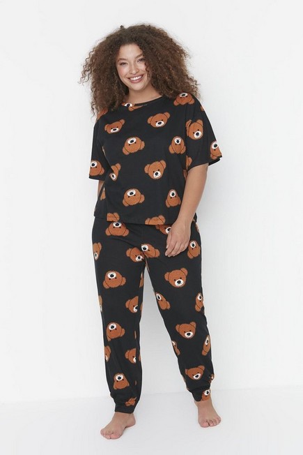 Trendyol - Black Crew Neck Plus Size Pajama Set