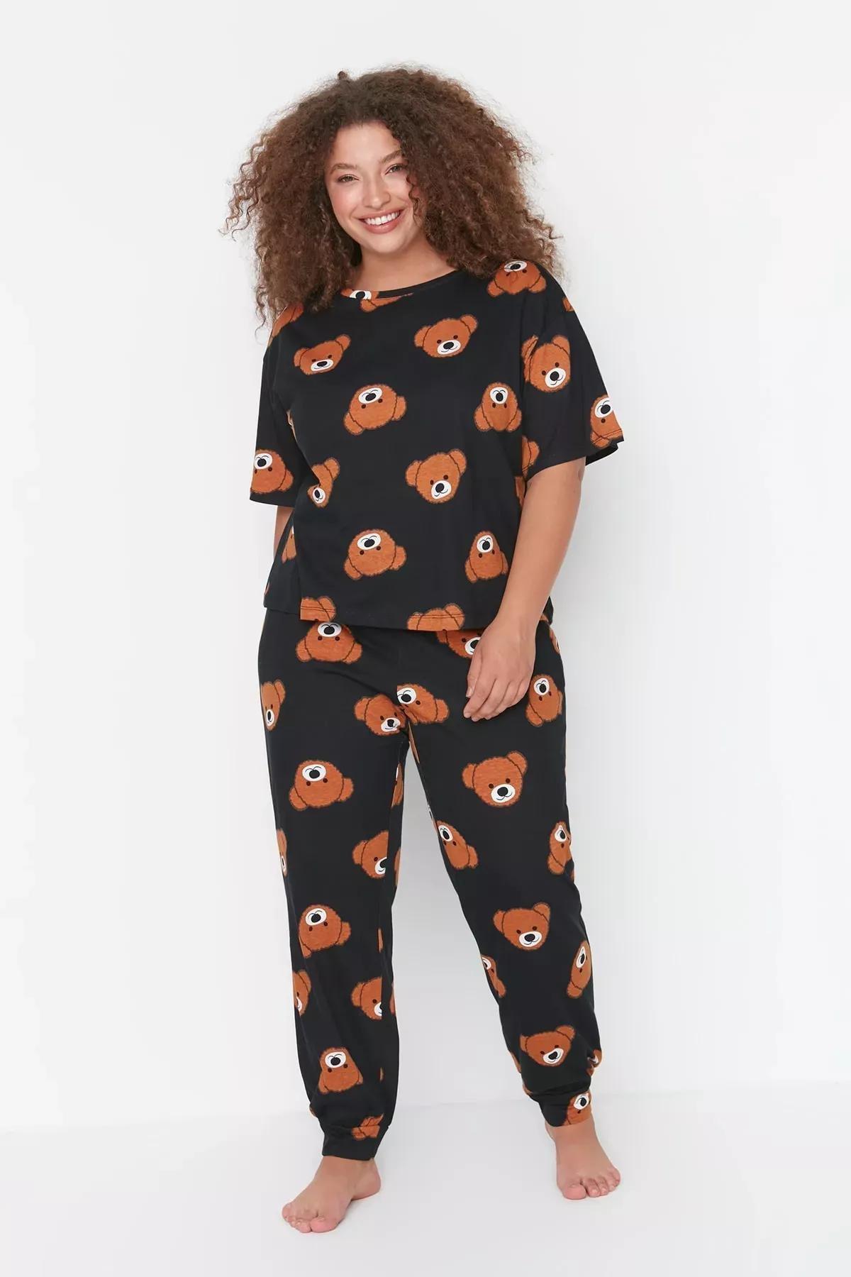 Black Crew Neck Plus Size Pajama Set, Black, medium