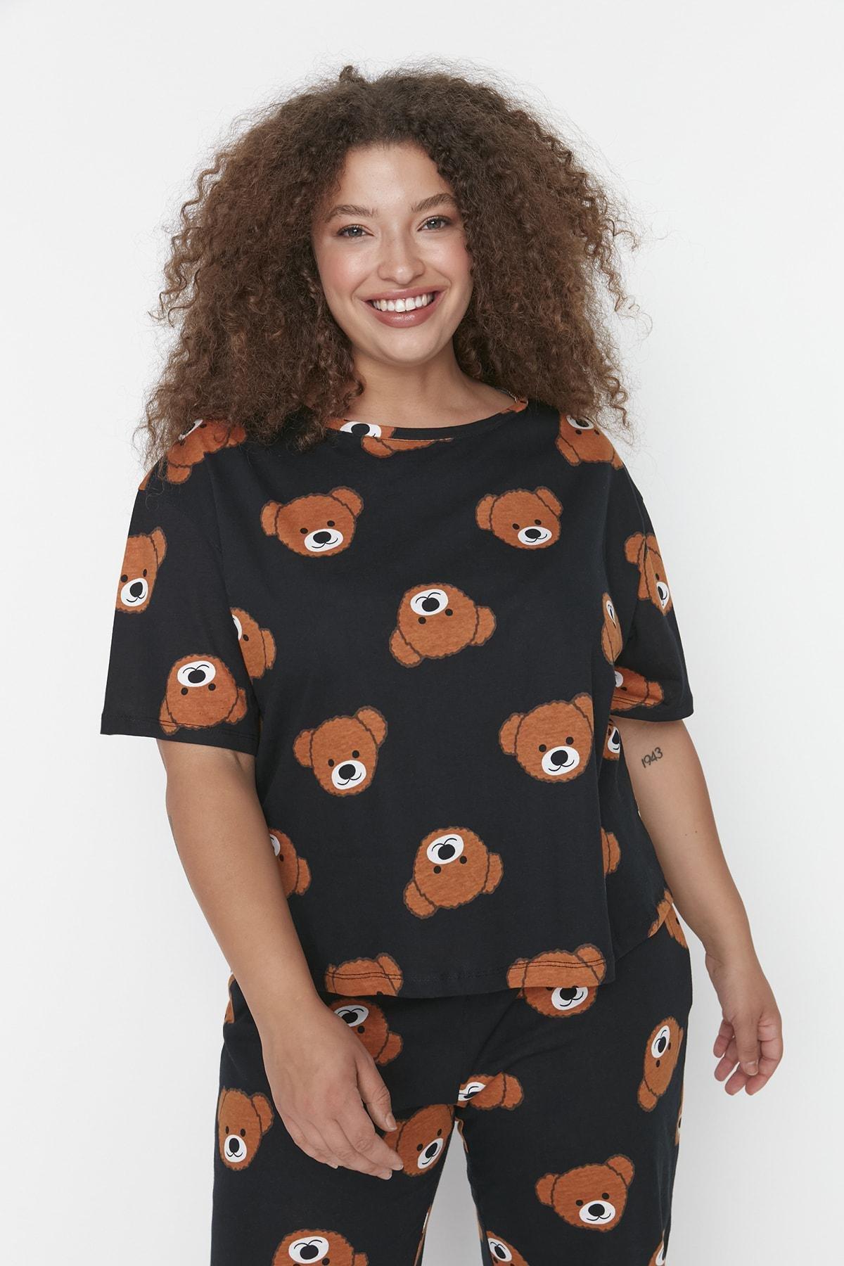 Trendyol - Black Crew Neck Plus Size Pajama Set