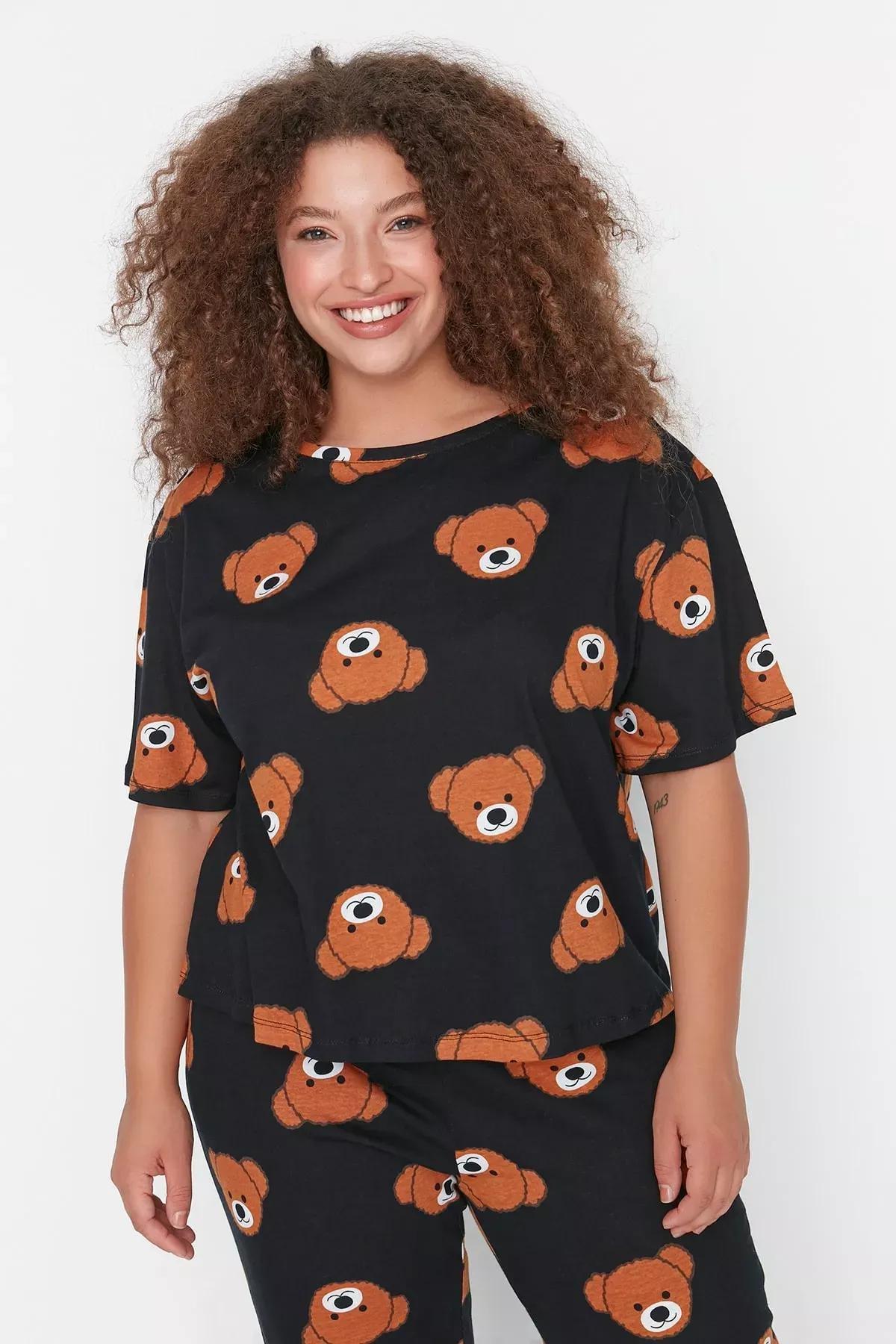 Black Crew Neck Plus Size Pajama Set, Black, medium