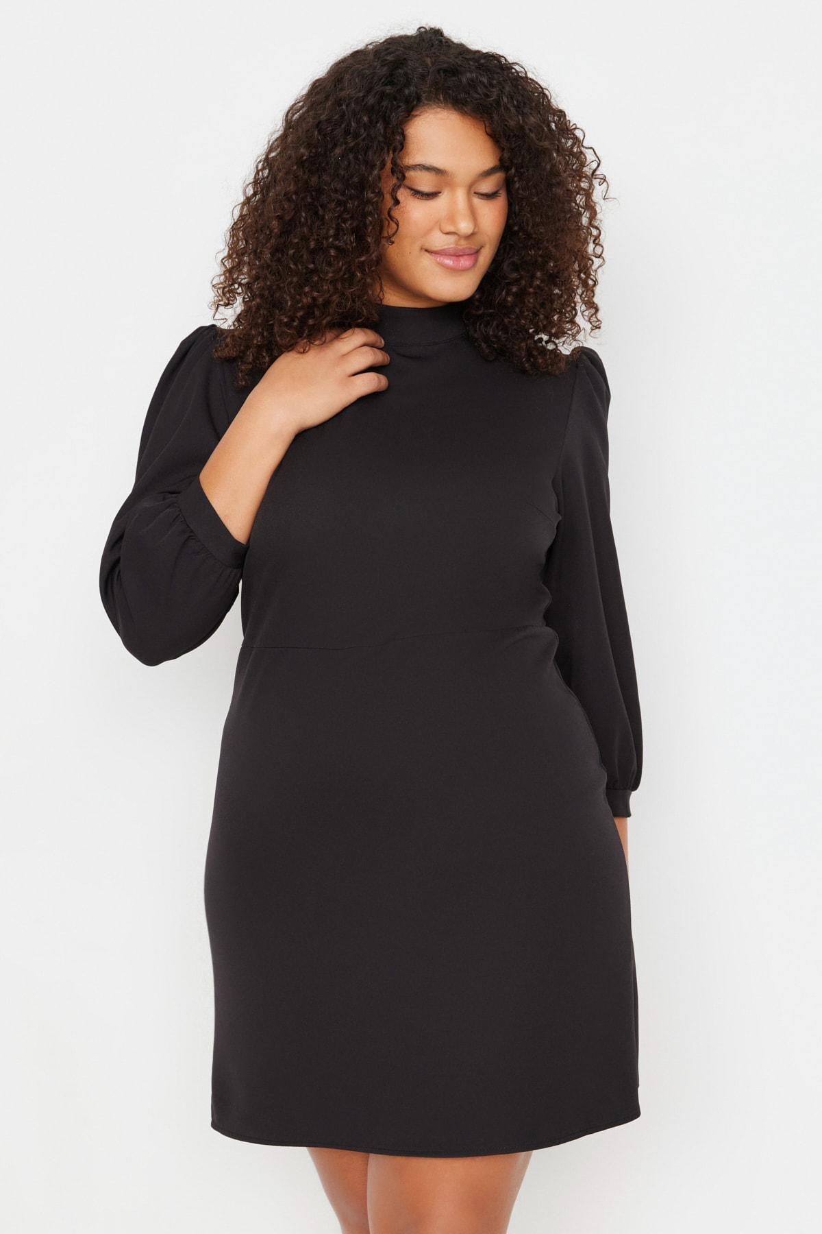 Black Standing Collar Mini Plus Size Dress, , large image number 1