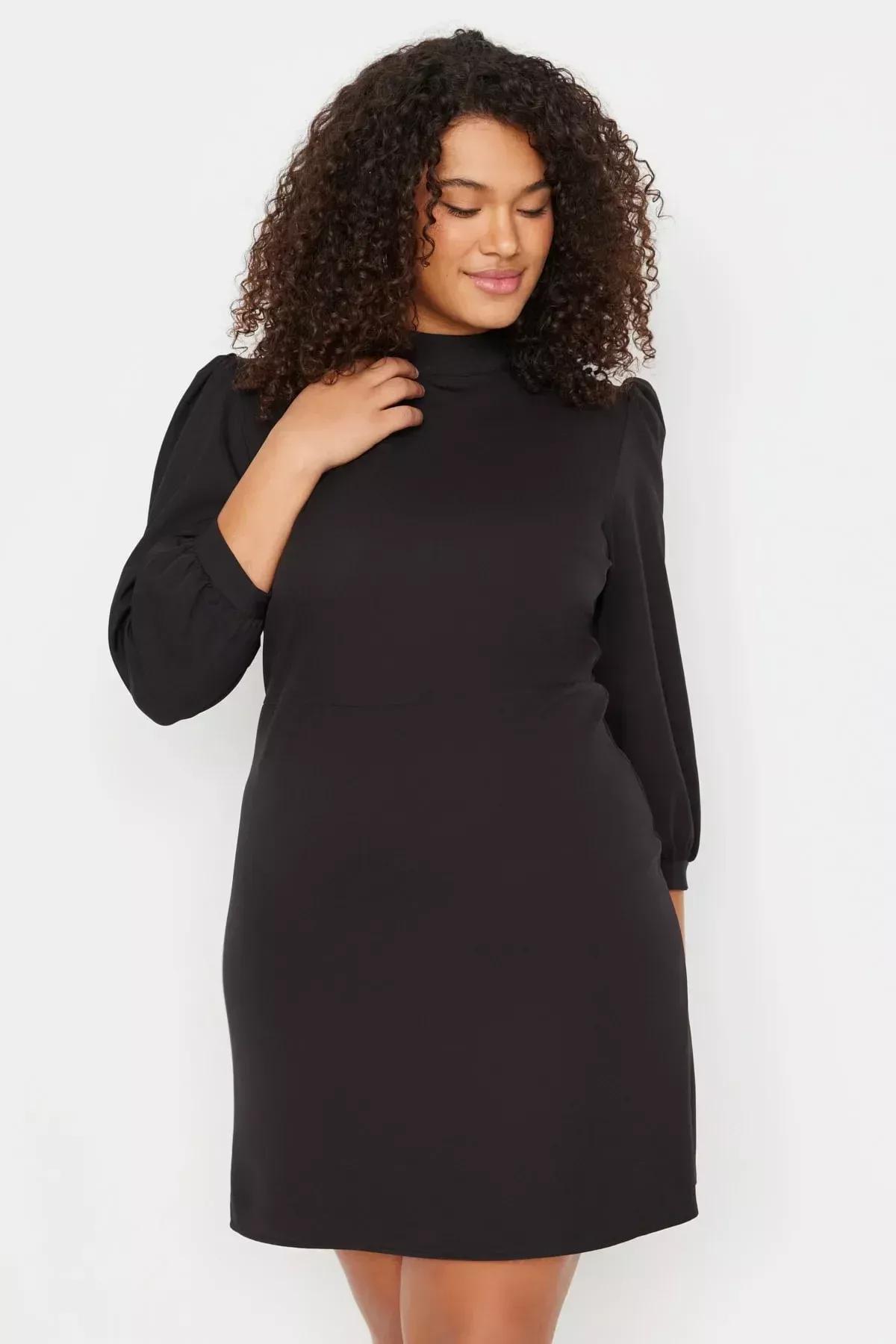 Black Standing Collar Mini Plus Size Dress, , large image number 1