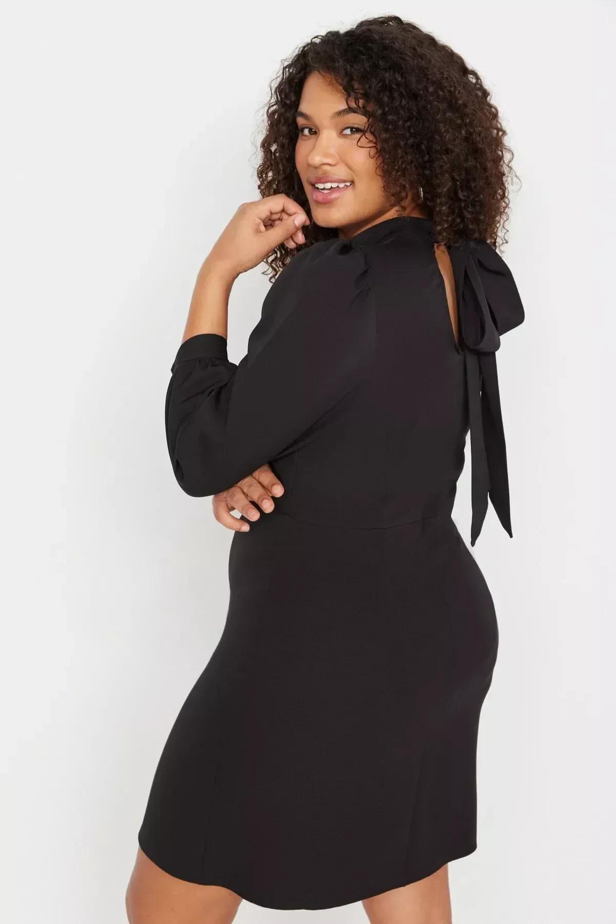 Black Standing Collar Mini Plus Size Dress, , large image number 2