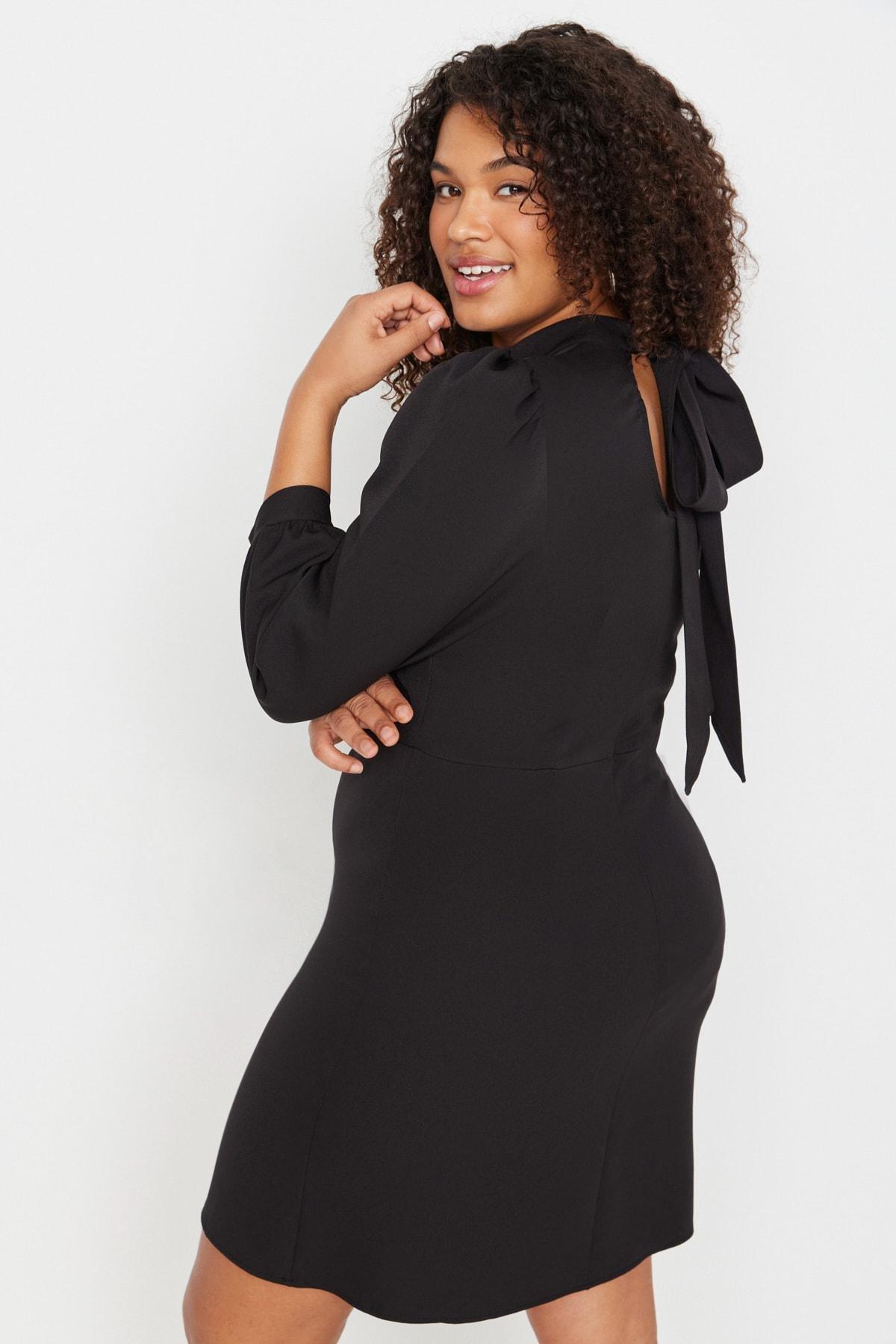 Black Standing Collar Mini Plus Size Dress, , large image number 2
