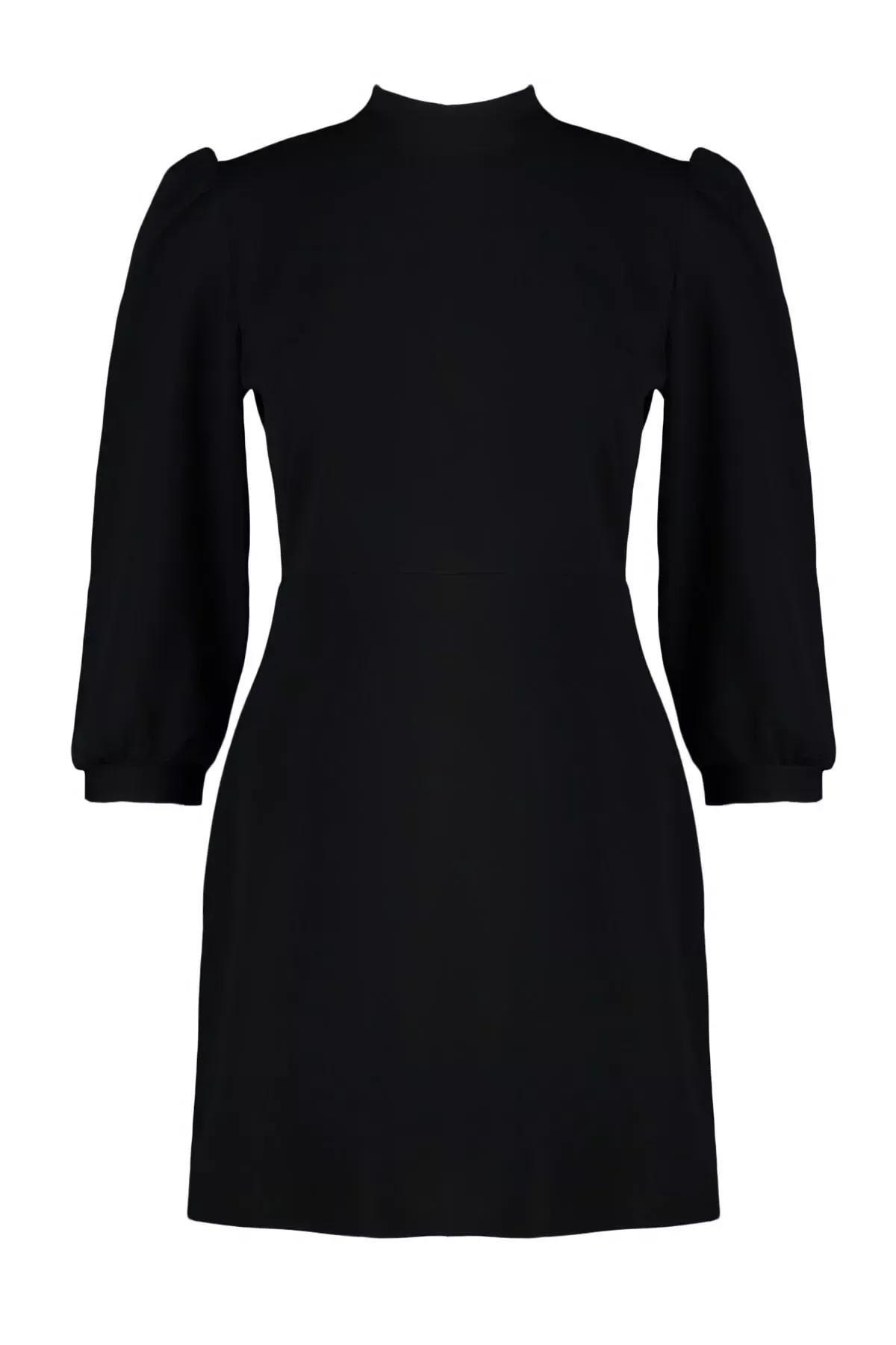 Black Standing Collar Mini Plus Size Dress, , large image number 4