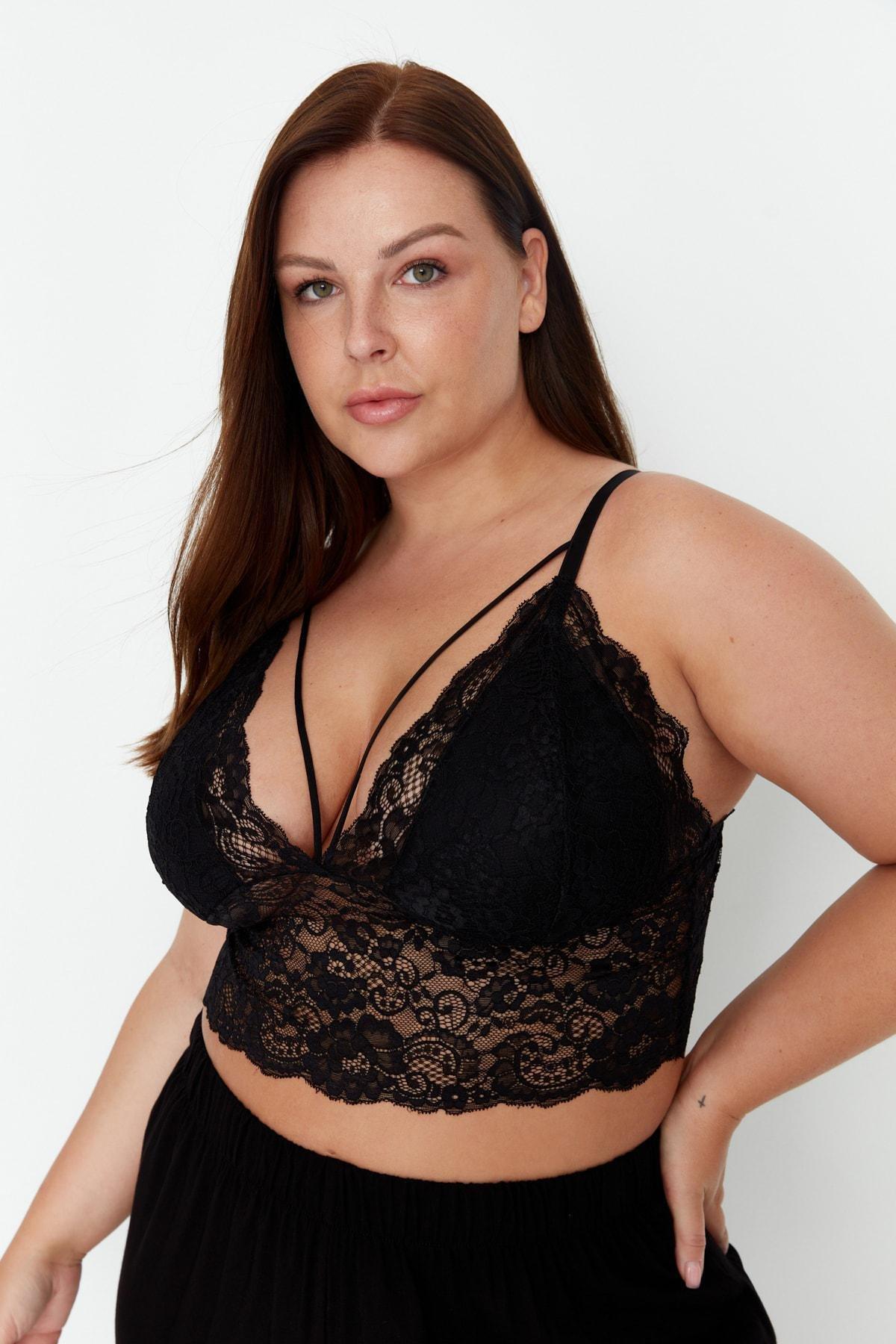 Black Detailed Plus Size Bra, , large image number 1