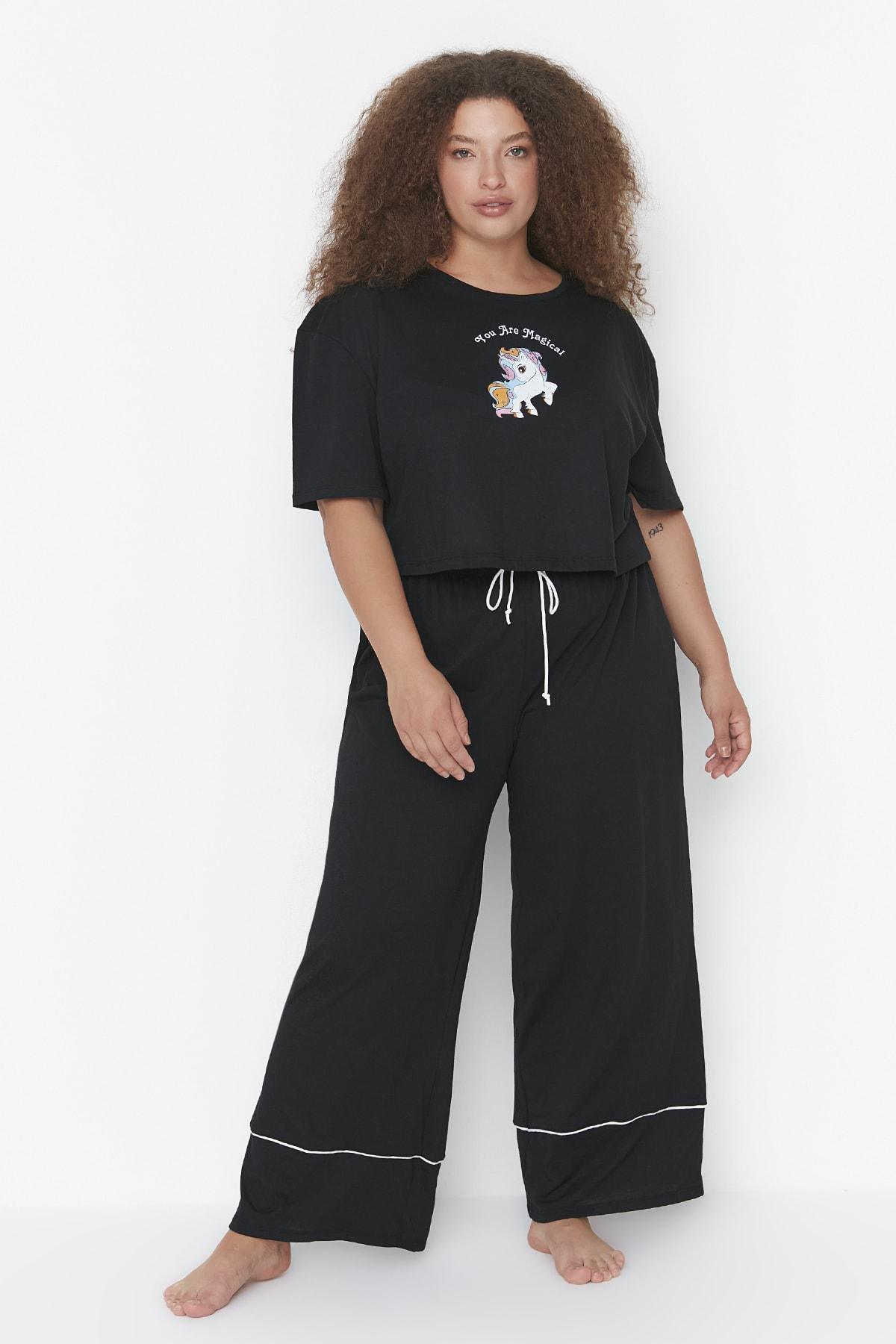 Black Printed Plus Size Pajama Set, Black, large image number 0