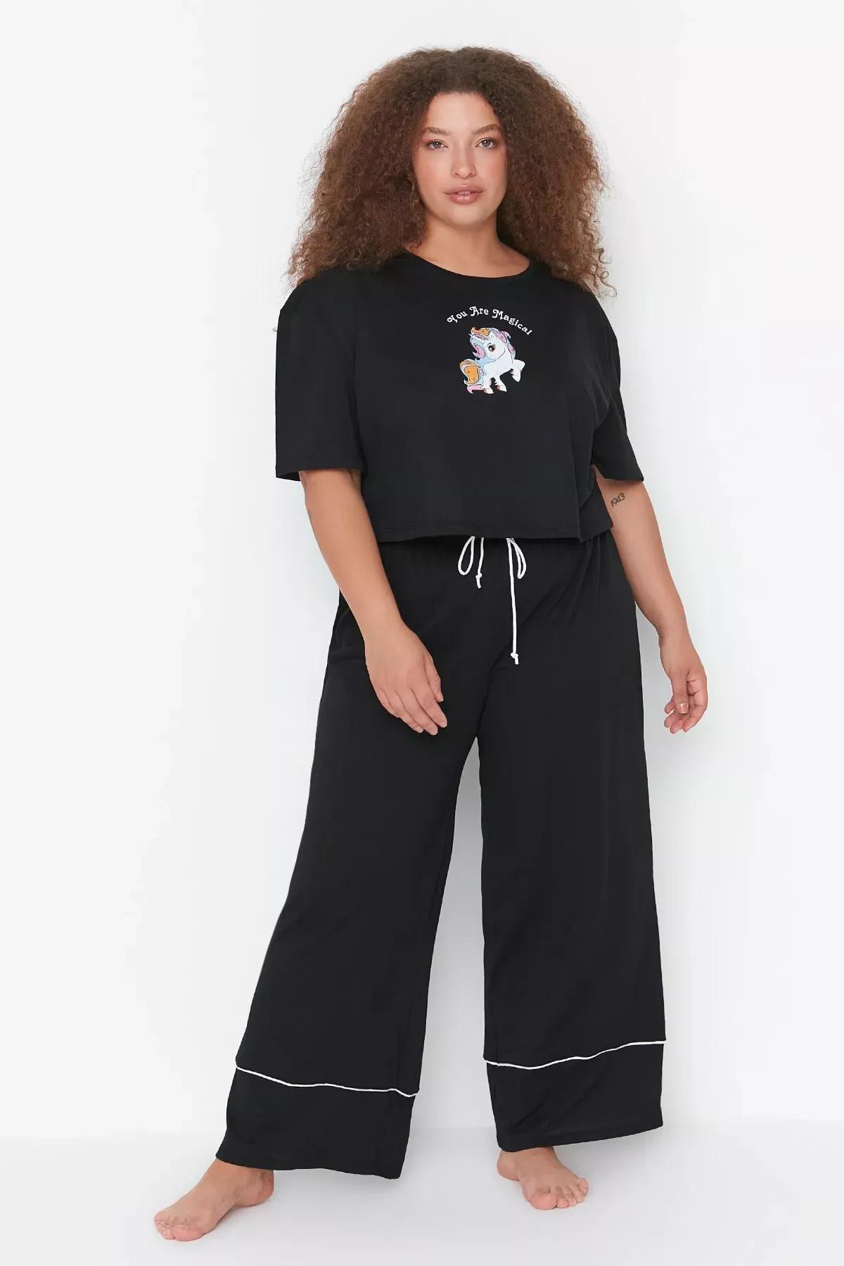 Black Printed Plus Size Pajama Set, Black, medium