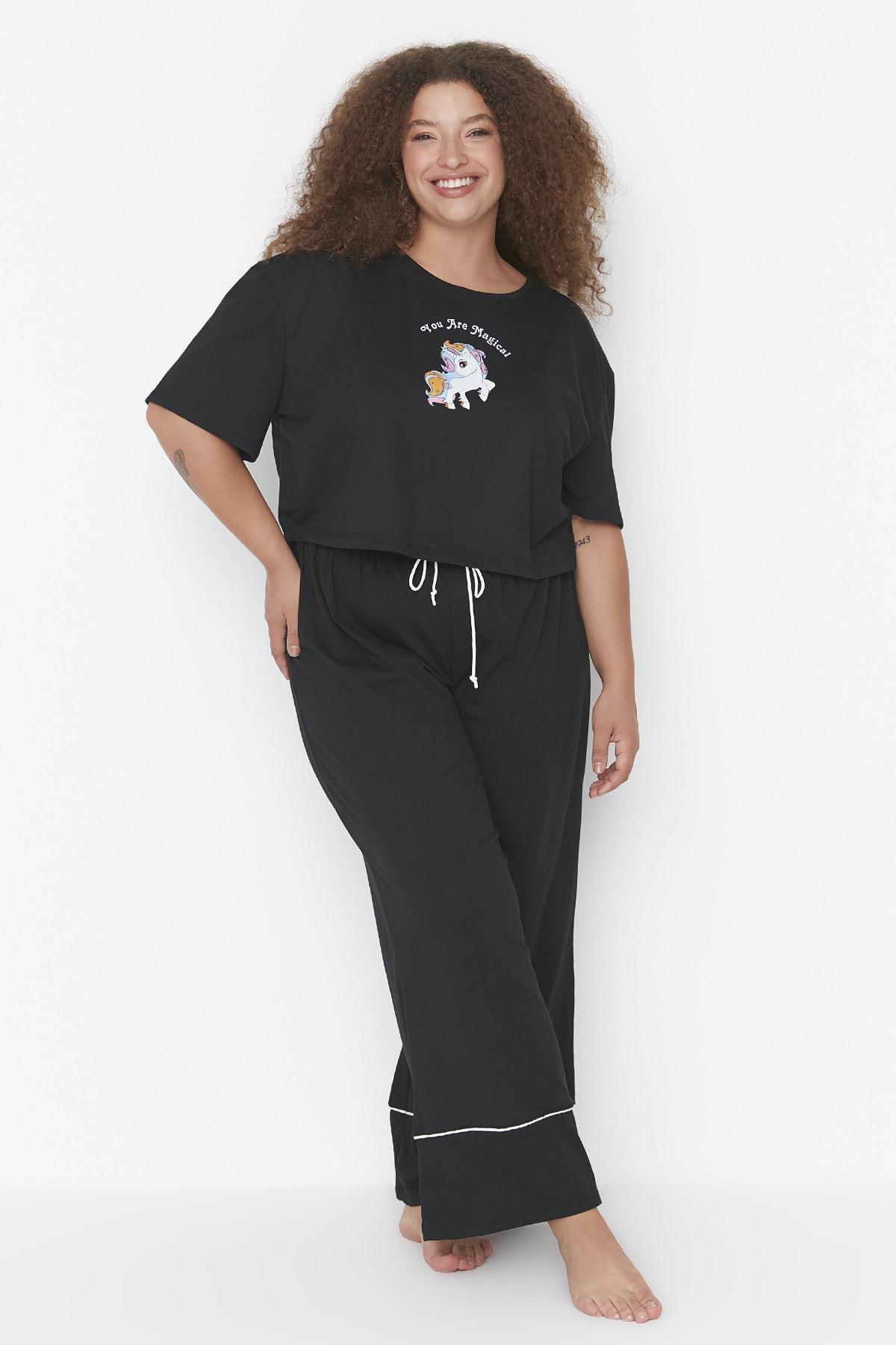 Black Printed Plus Size Pajama Set, Black, large image number 1